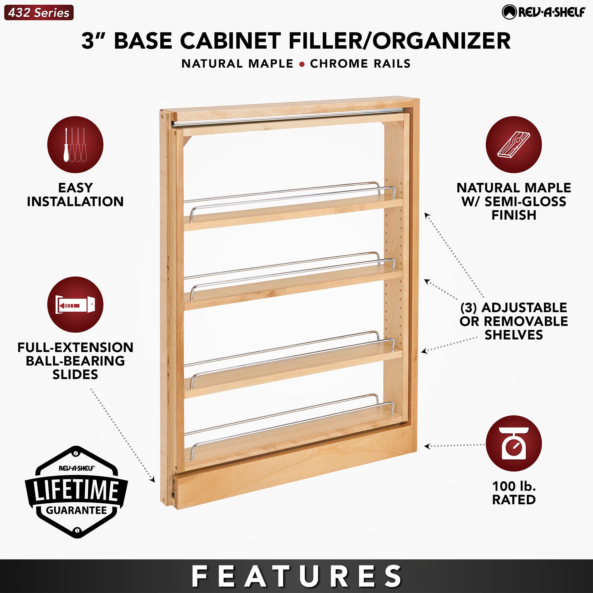 Rev-A-Shelf 432-BF-3C 3" Cabinet Base Filler Pullout Organizer, Maple (Open Box)