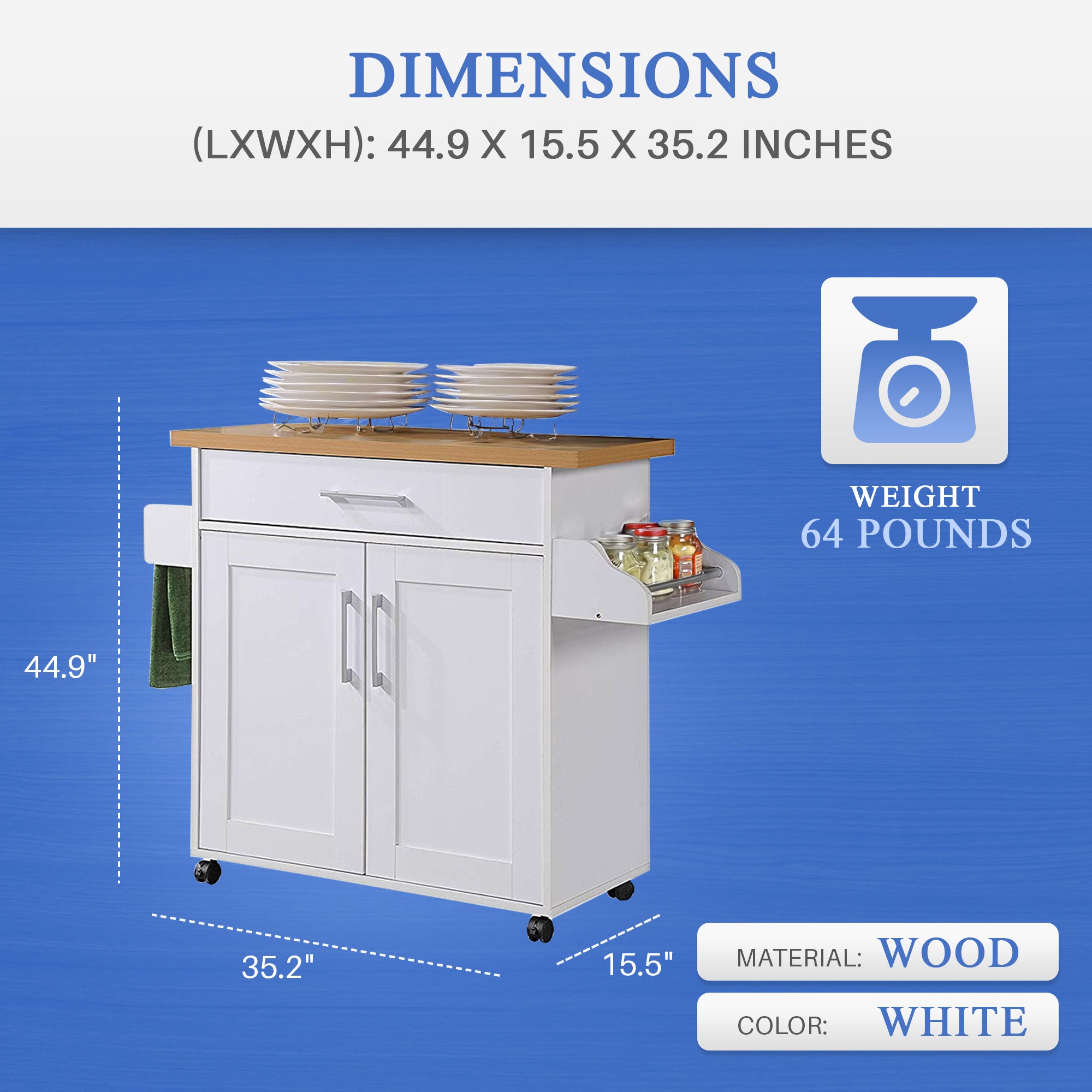 Hodedah Import Kitchen Island w/Spice Rack & Towel Holder, White/Beech(Open Box) - VMInnovations