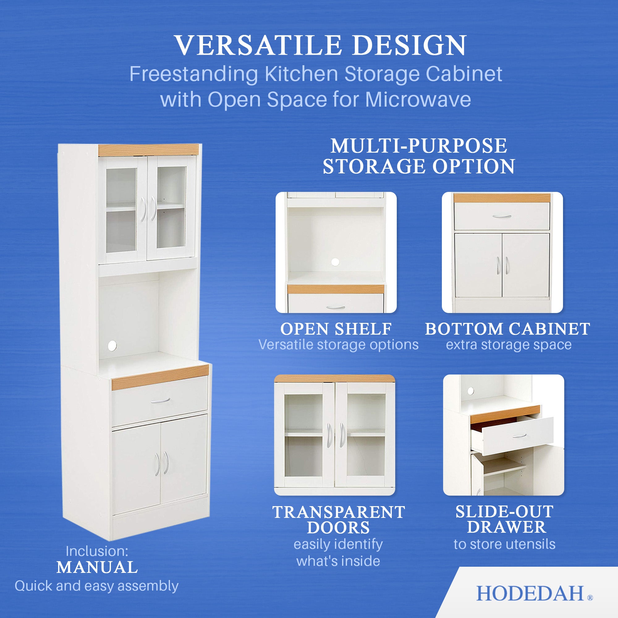 Hodedah Kitchen Storage Cabinet w/ Open Space for Microwave, White (Open Box) - VMInnovations