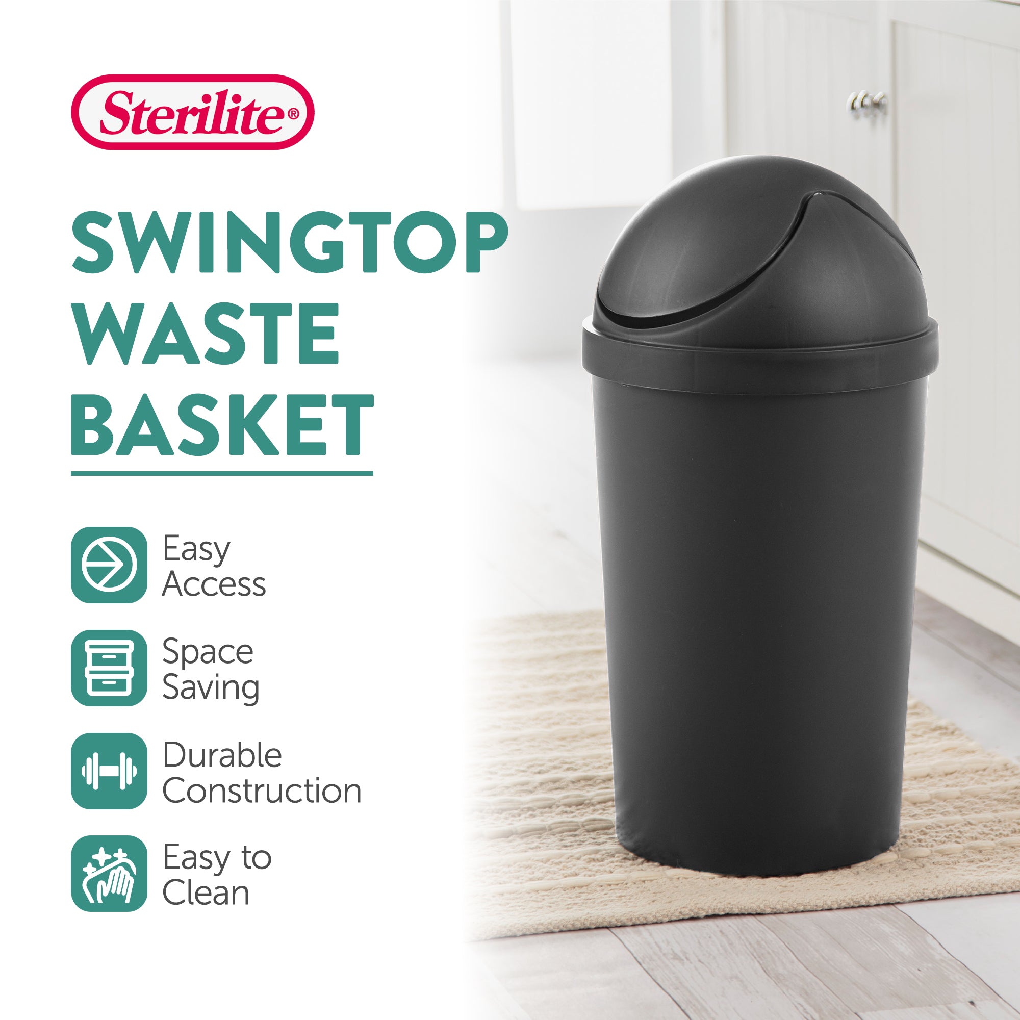 Sterilite 10839006 3 Gallon Round Swing Top Plastic Wastebasket, Black (12 Pack) - VMInnovations