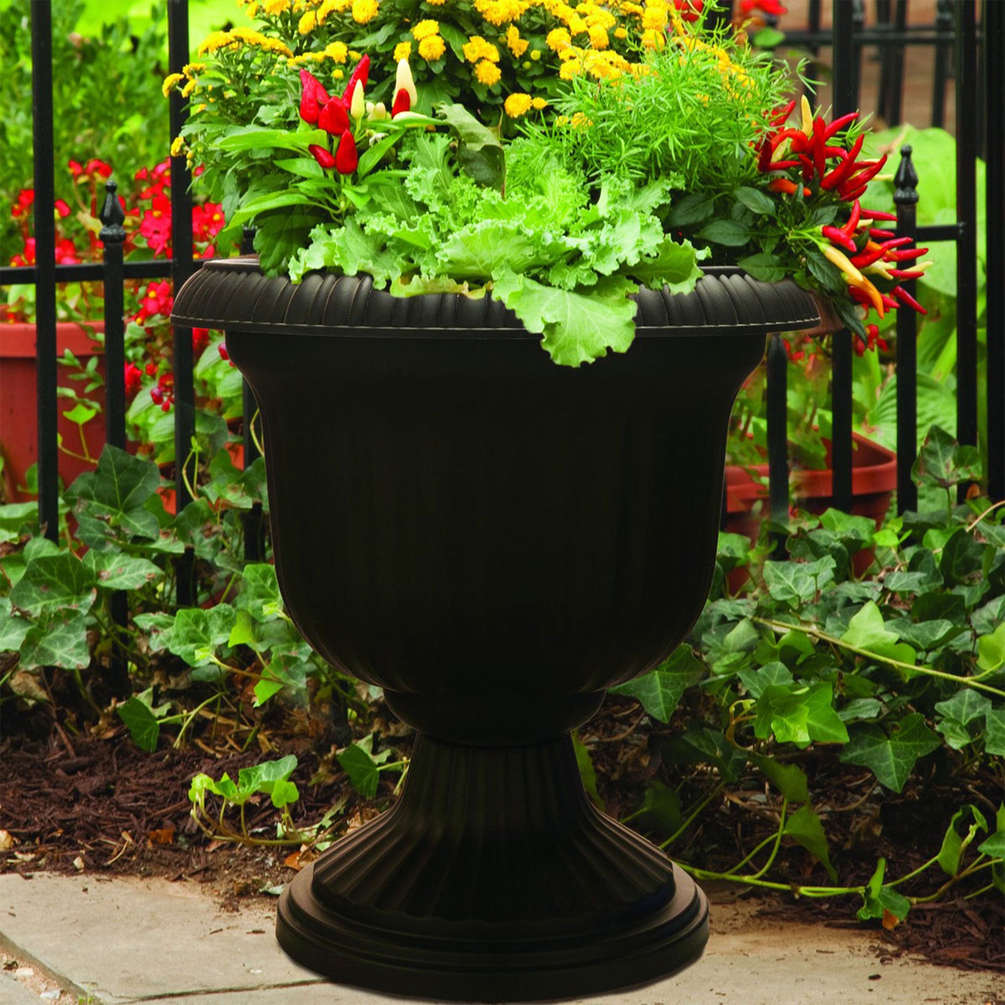 Southern Patio Large 14 In Lightweight Resin Utopian Urn Planter, Black (Used) - VMInnovations