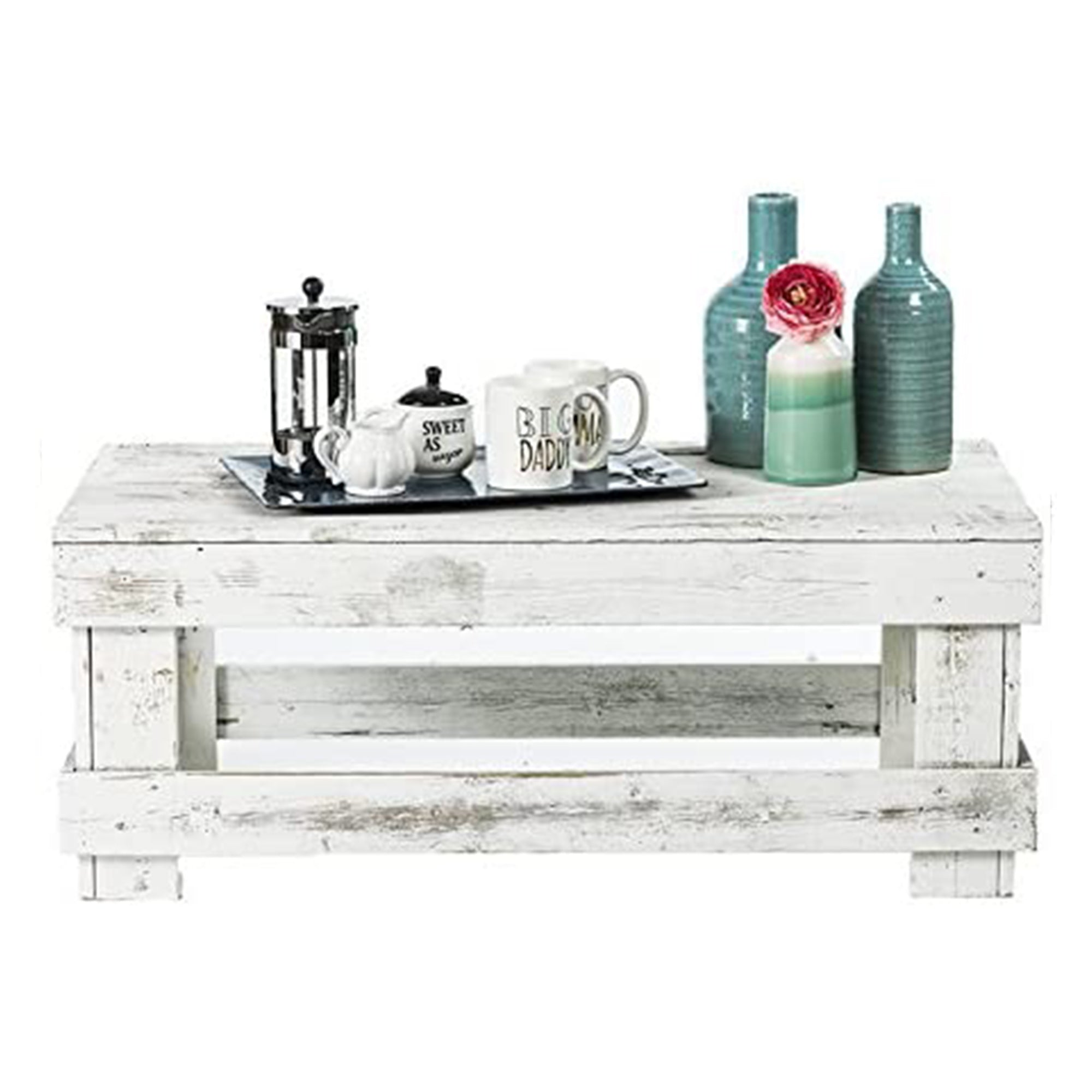 del Hutson Designs Natural Barnwood Rustic Farmhouse End/Coffee Table, White