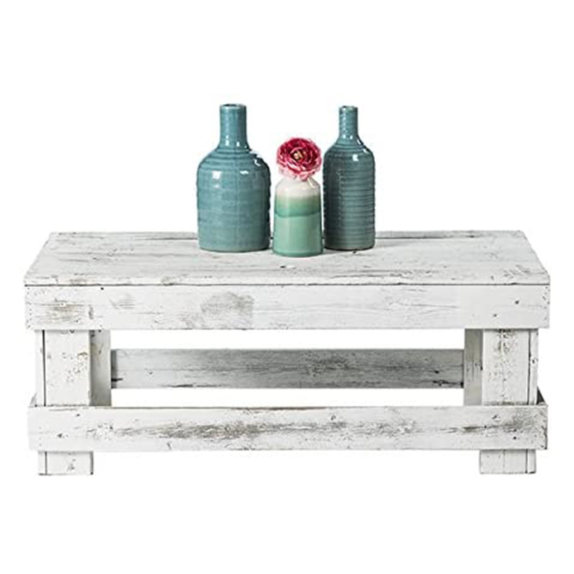 del Hutson Designs Natural Barnwood Rustic Farmhouse End/Coffee Table, White