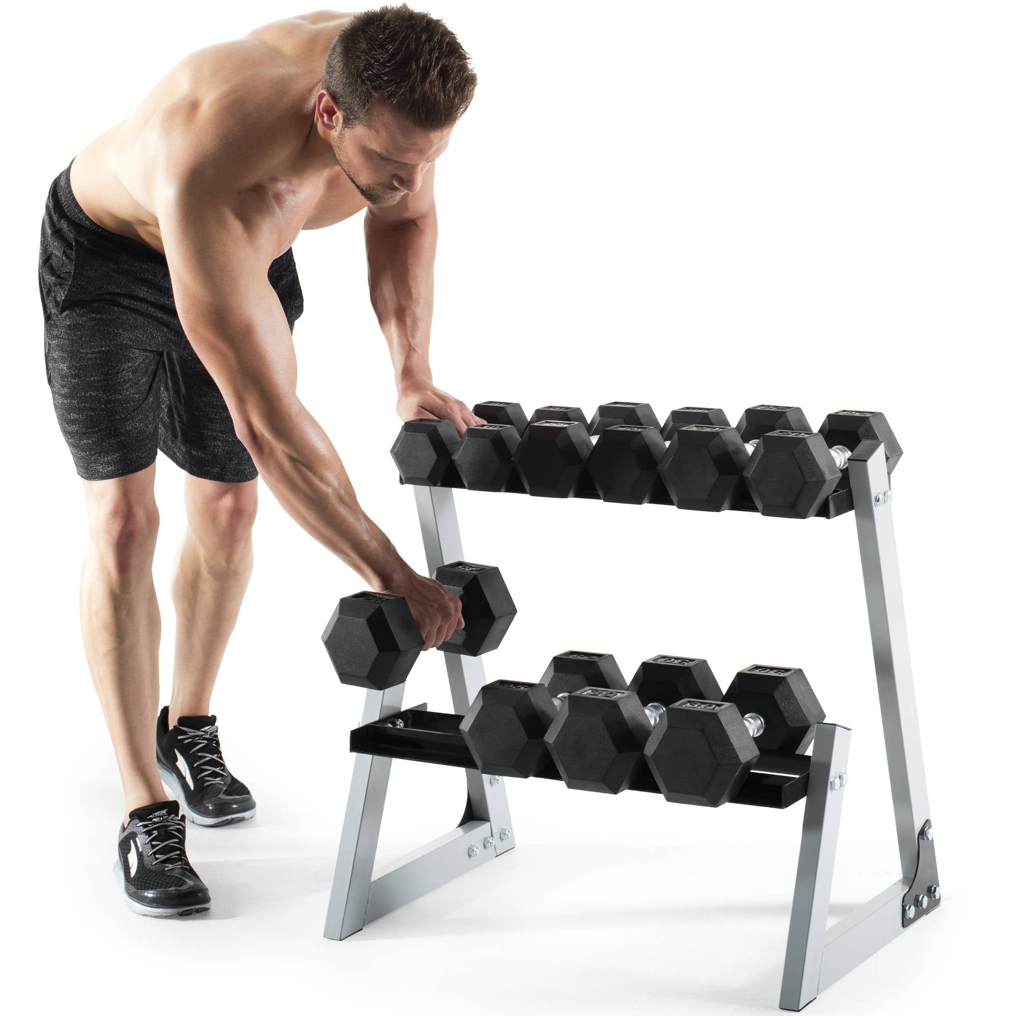 Weider WDBKR20016 200 Pound Rubber Hex Dumbbell Weight Set with Weight Rack