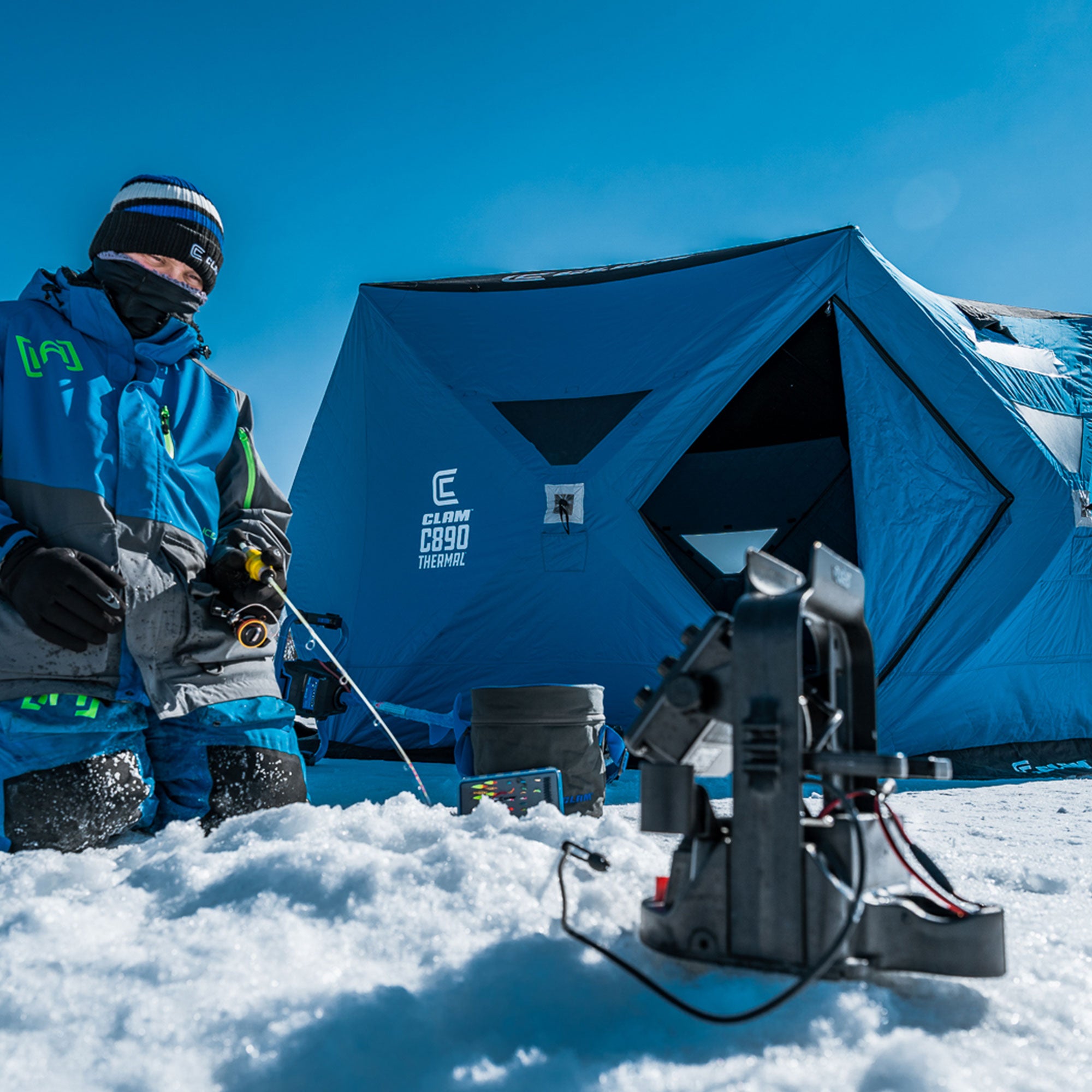 Clam C-890 Portable 11.5 Foot Pop Up Ice Fishing Angler Hub Shelter, Blue (Used) - VMInnovations