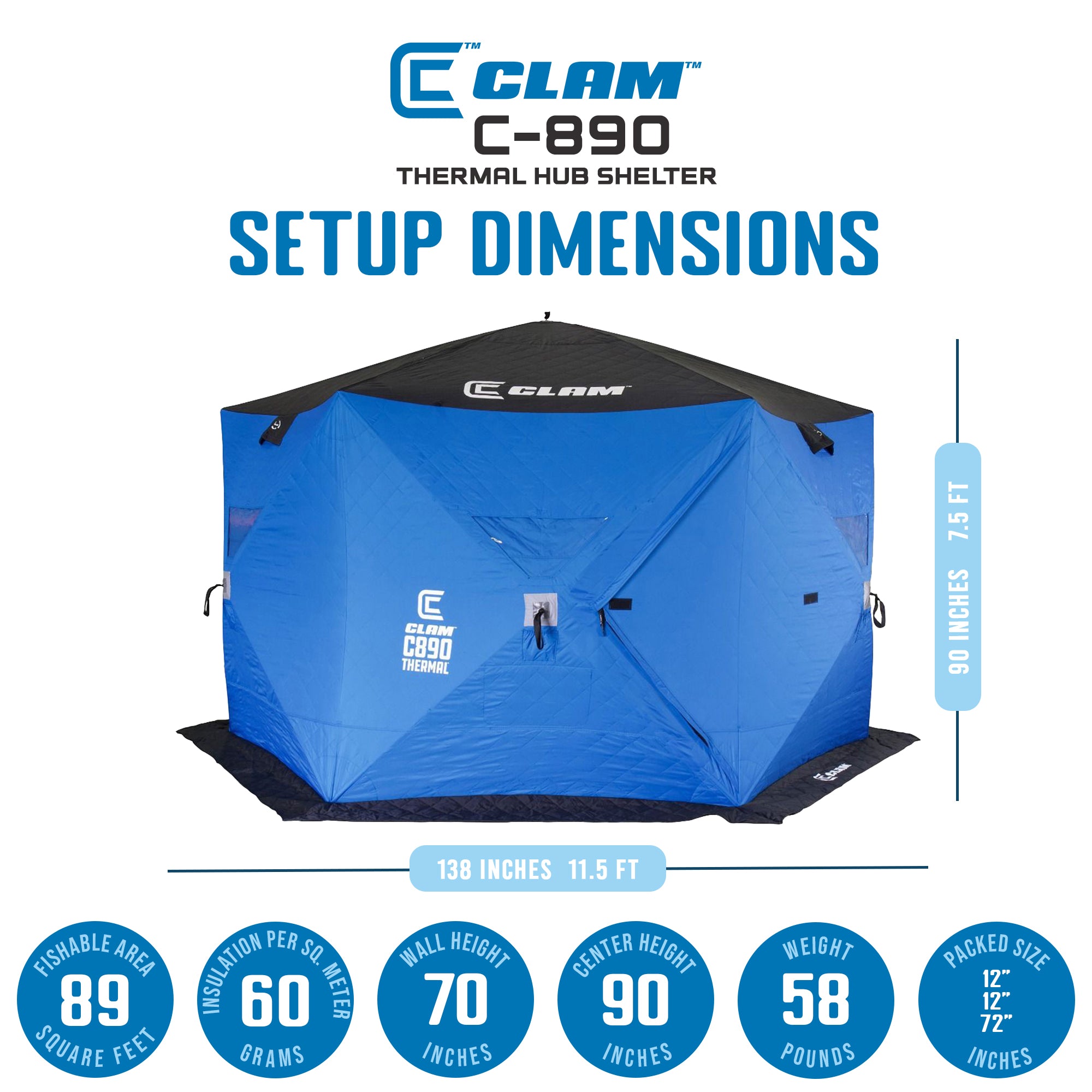 Clam C-890 Portable 11.5 Foot Pop Up Ice Fishing Angler Hub Shelter, Blue (Used) - VMInnovations