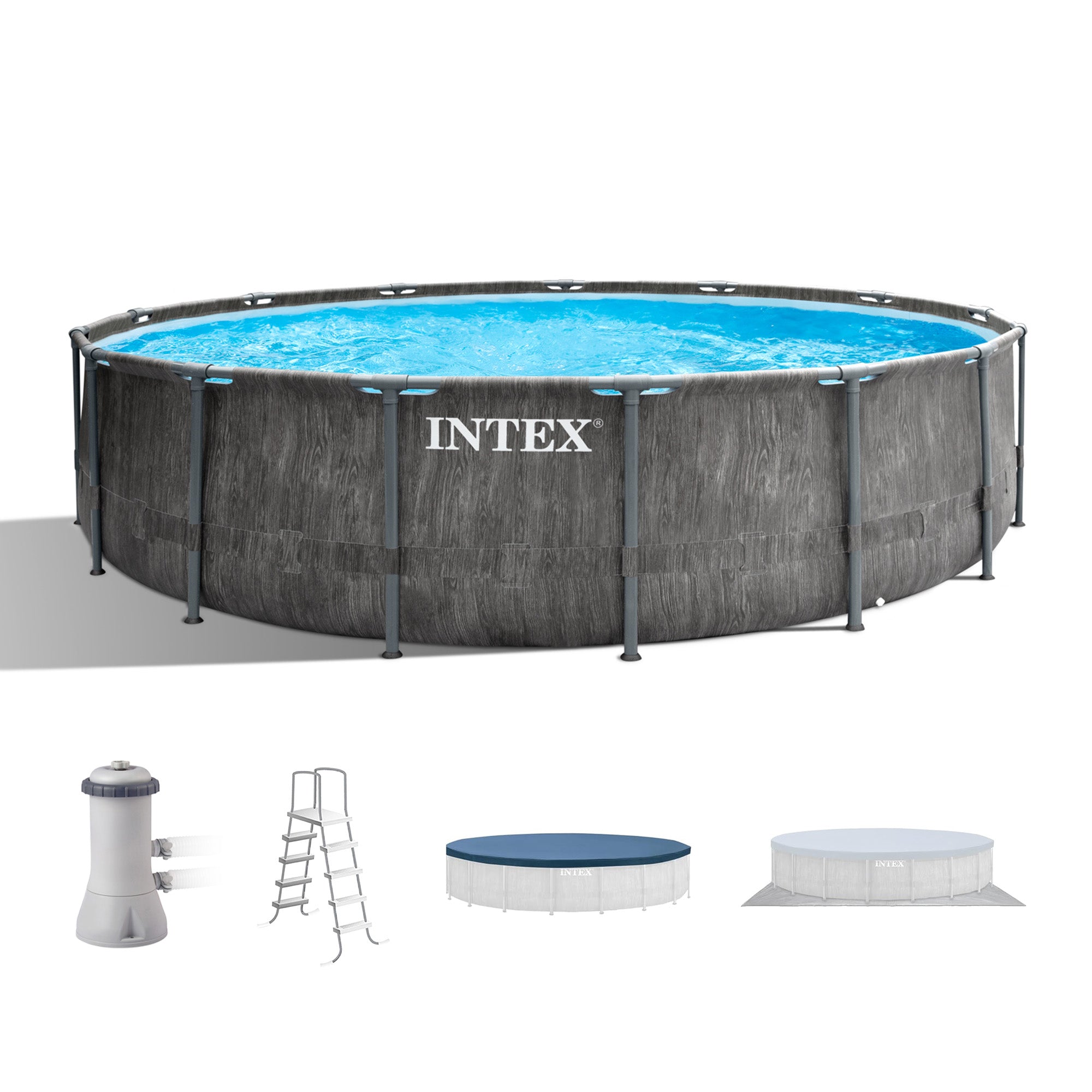 Intex Greywood Prism Frame 15'x48" Round Above Ground Outdoor Swimming Pool Set - VMInnovations