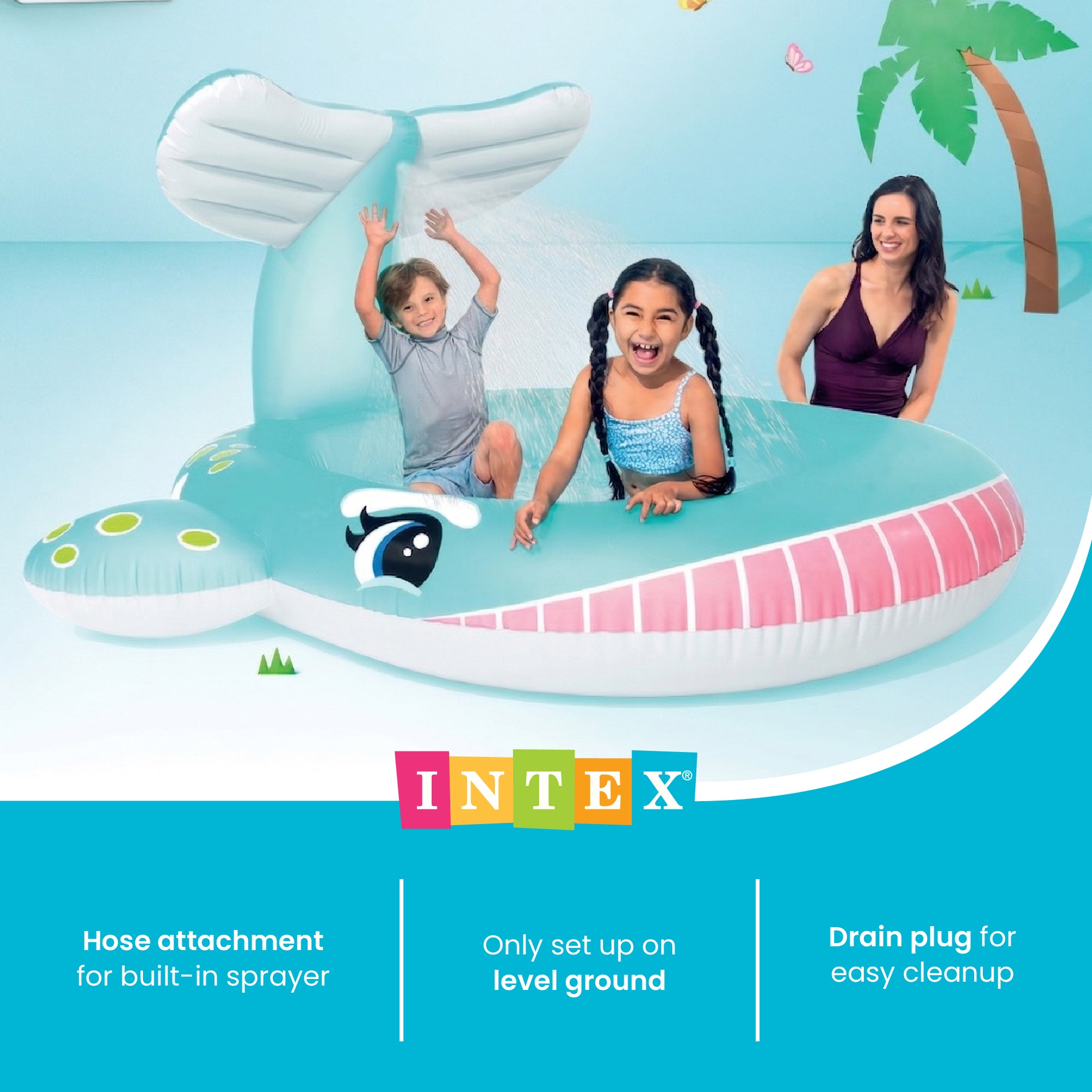 Intex 57440EP 79" x 77" x 36" Inflatable Whale Spray Kiddie Pool for Kids 2+