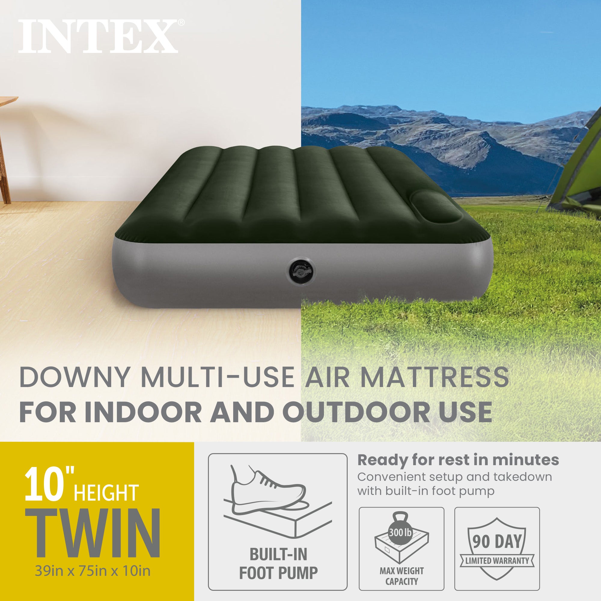Intex Dura-Beam Standard Series Downy Airbed with Built-In Foot Pump, Twin Size - VMInnovations