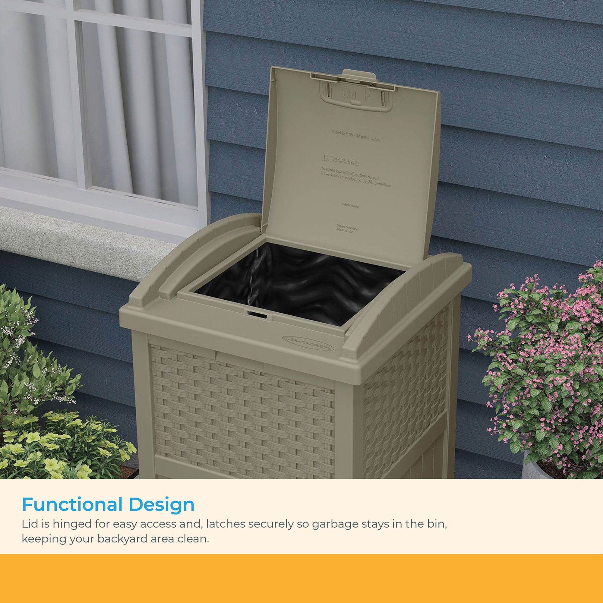 Suncast Wicker Resin Outdoor Hideaway Trash Can with Latching Lid, Dark Taupe - VMInnovations