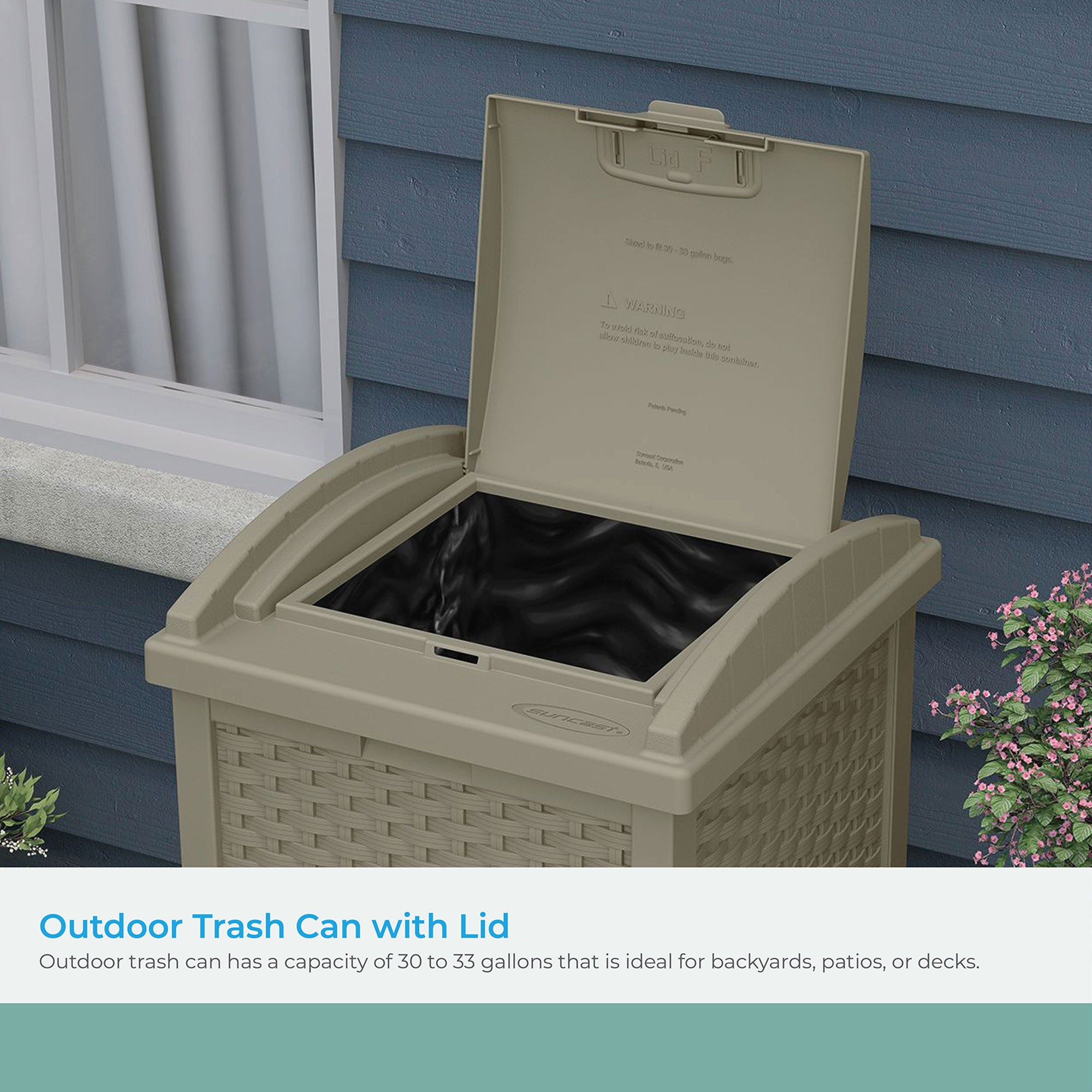Suncast Wicker Resin Outdoor Hideaway Trash Can with Latching Lid, Dark Taupe - VMInnovations