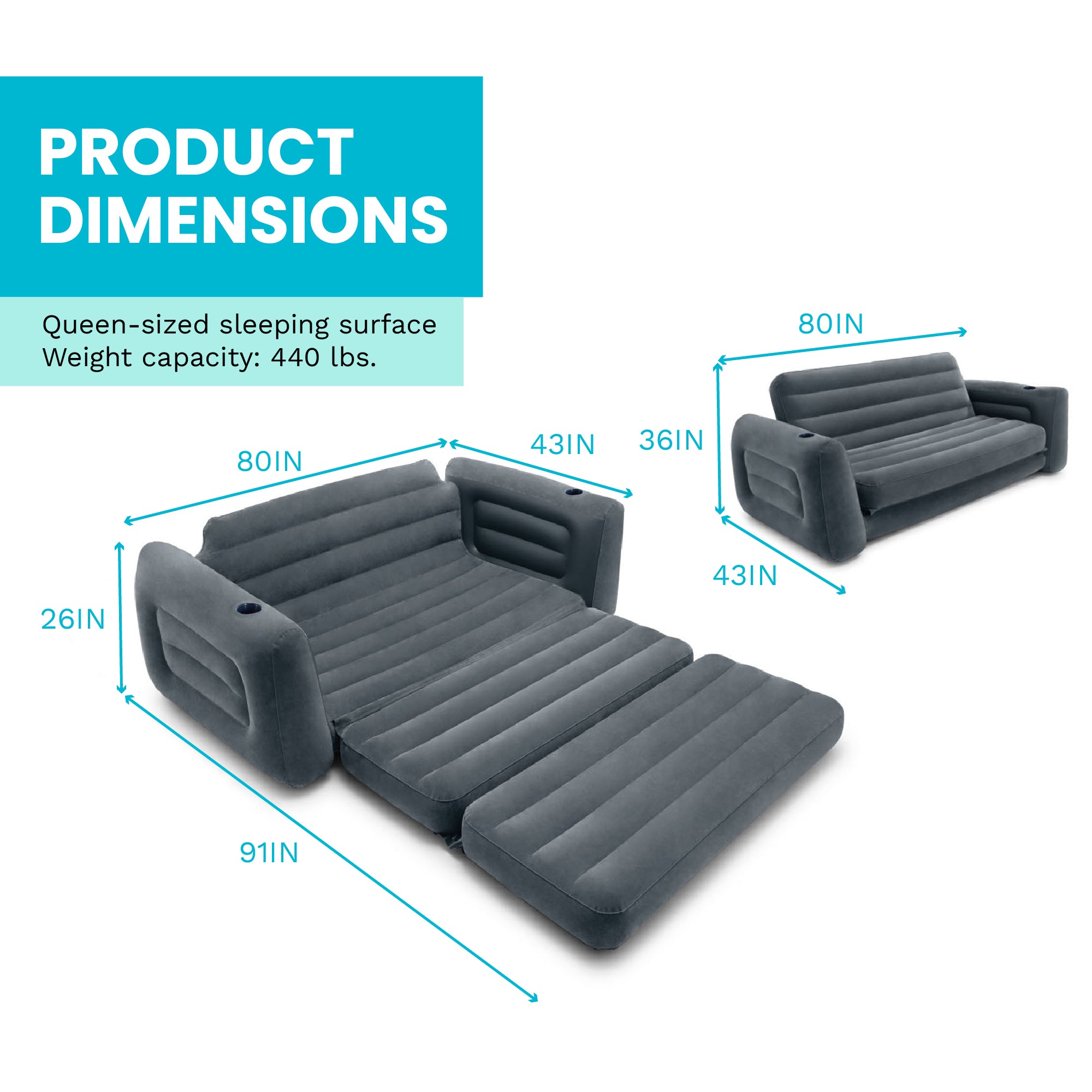 Intex Queen SZ Inflatable PullOut Sofa Bed Sleep Away Futon Couch Gray(Open Box)