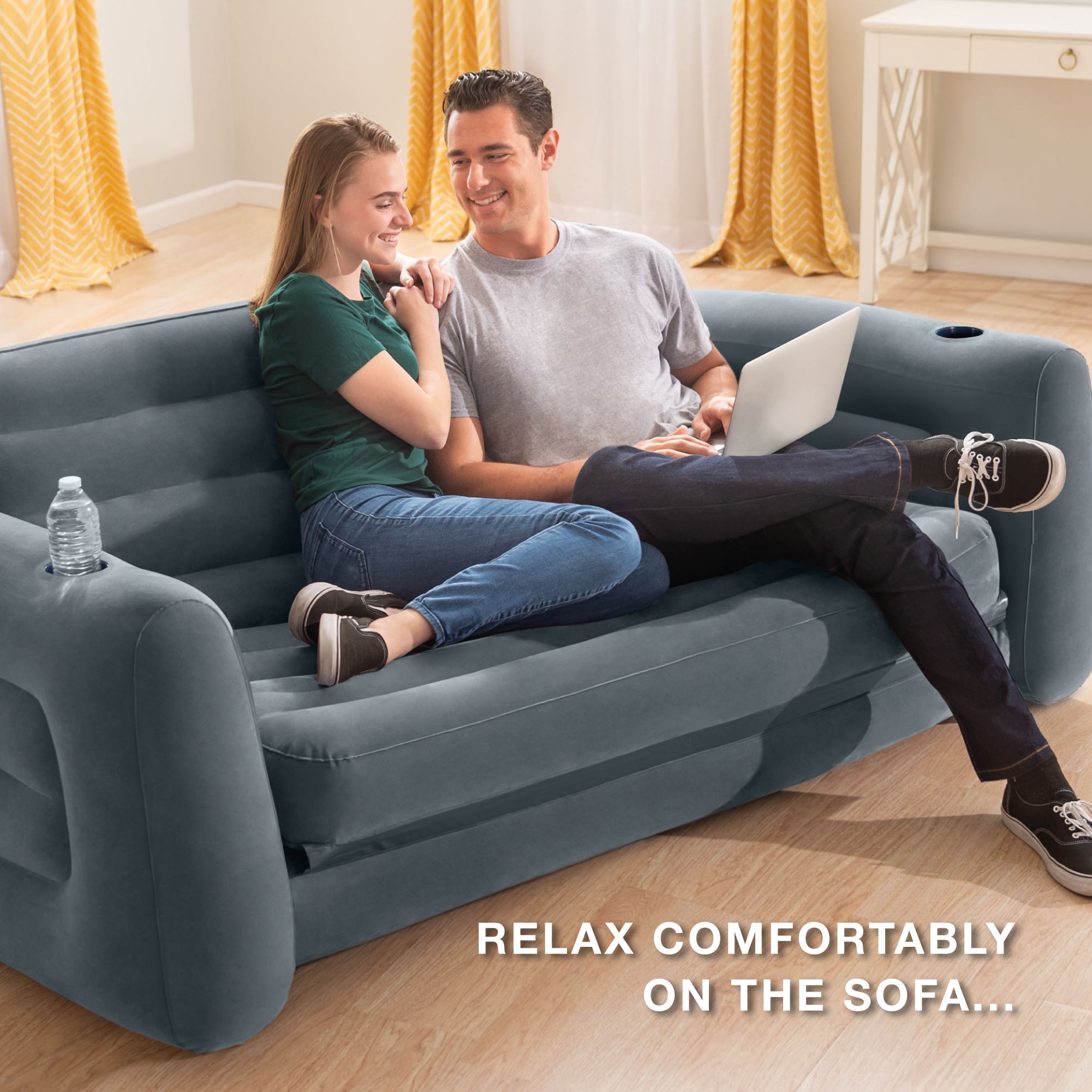 Intex Queen Size Inflatable Pull-Out Sofa Bed Sleep Away Futon Couch, Dark Gray (Refurbished)