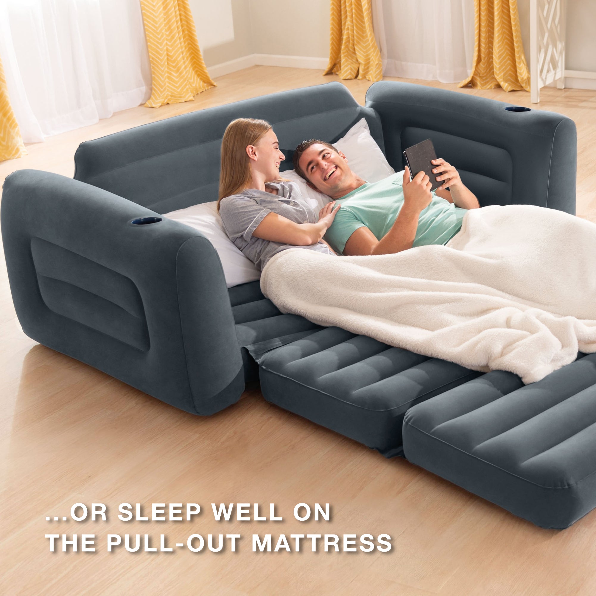 Intex Queen Size Inflatable Pull-Out Sofa Bed Sleep Away Futon Couch, Dark Gray (Refurbished)