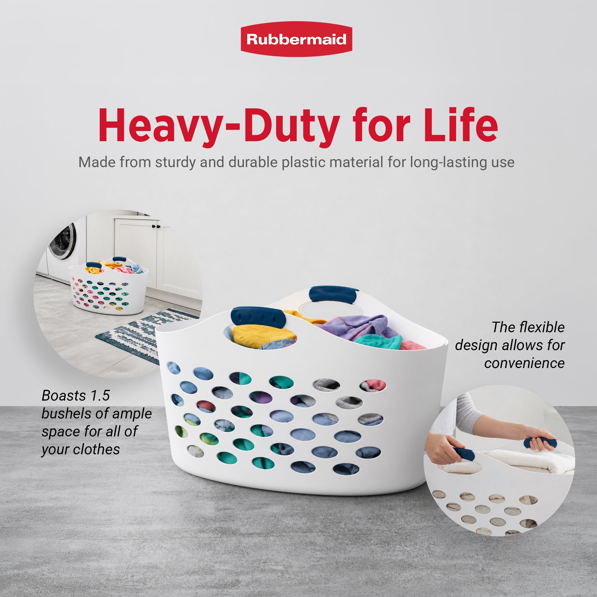 Rubbermaid 1.5 Capacity Flex N Carry Portable Flexible Laundry Basket, White - VMInnovations