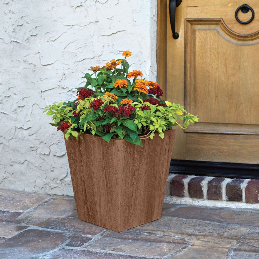 Suncast 16 Inch Farmington Decorative Rustic Wood Finish Garden Planter, Brown - VMInnovations