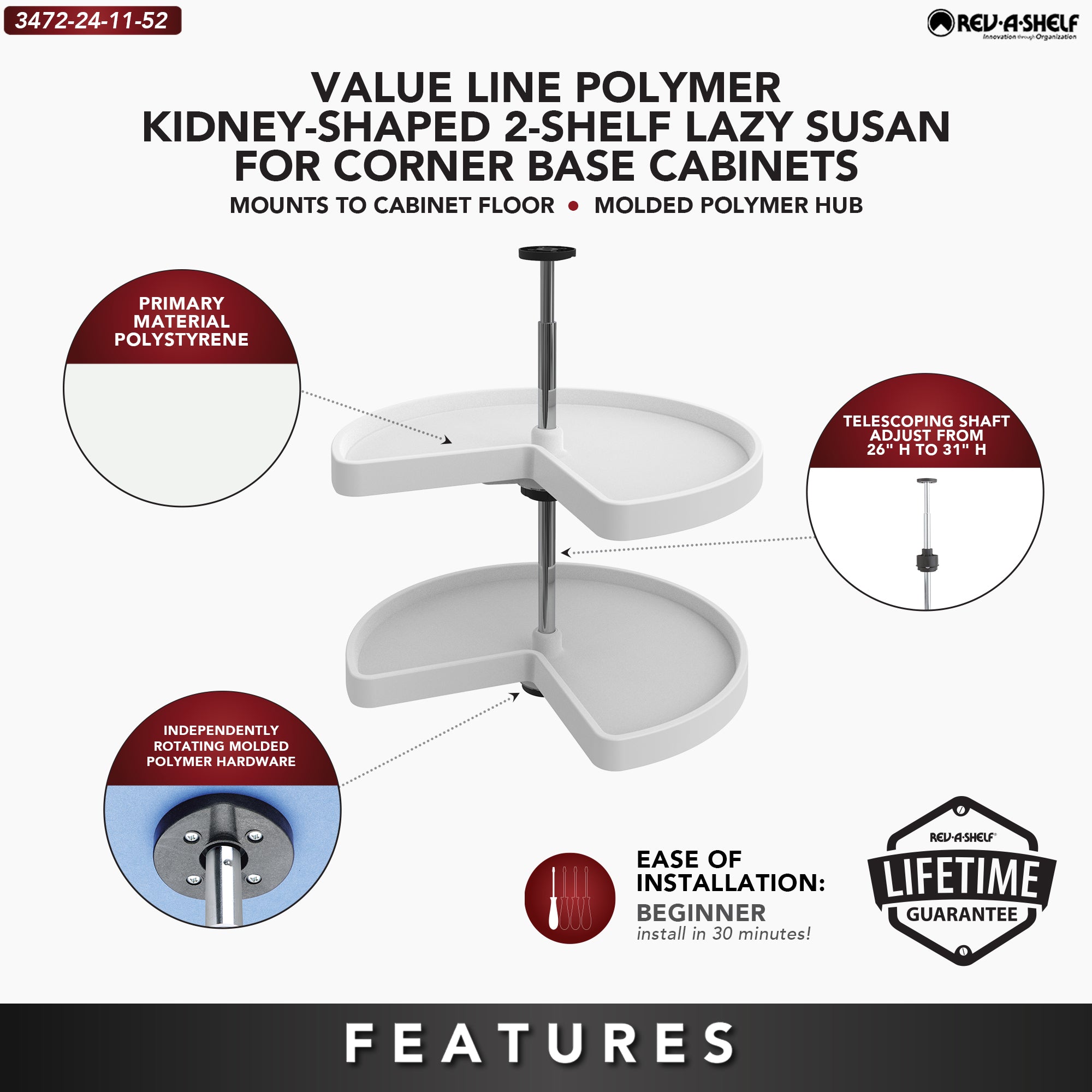 Rev-A-Shelf 3472-24-11-52 24-Inch White Polymer Kidney 2-Shelf Lazy Susan (Used)