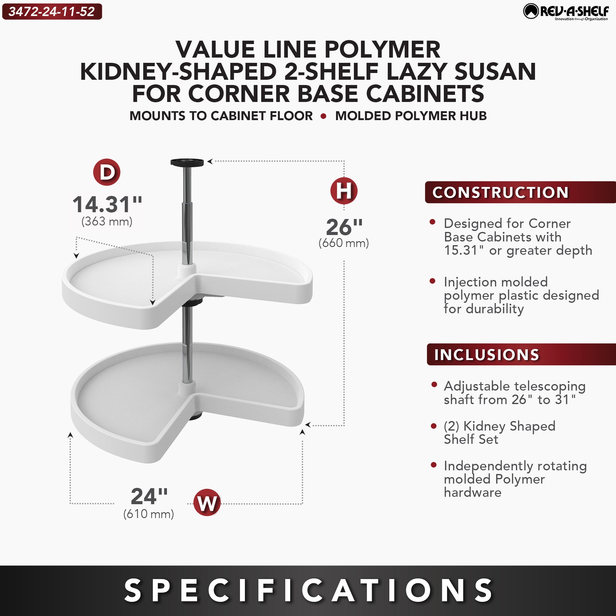 Rev-A-Shelf 3472-24-11-52 24-Inch White Polymer Kidney 2-Shelf Lazy Susan Set (For Parts)