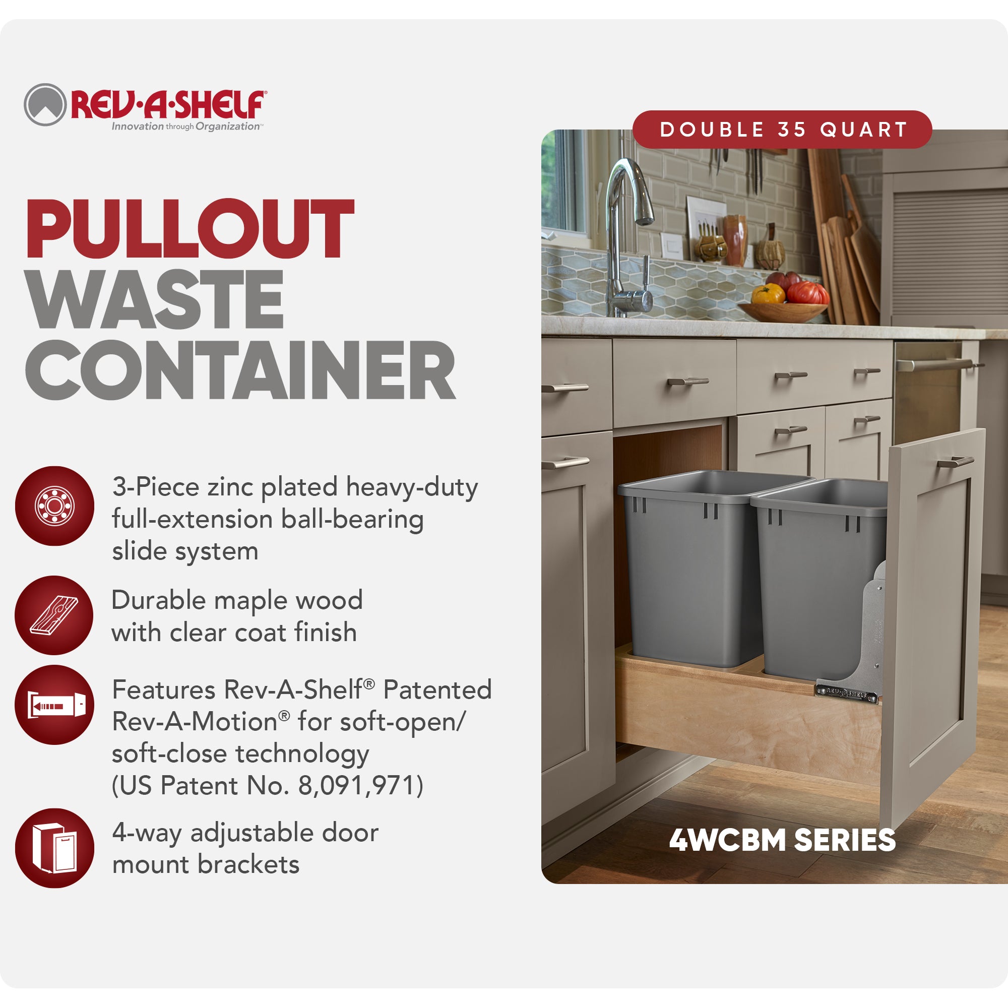 Rev-A-Shelf Double Pullout Bottom Mount Trash Cans 35 qt., Gray, 4WCBM-18DM-2