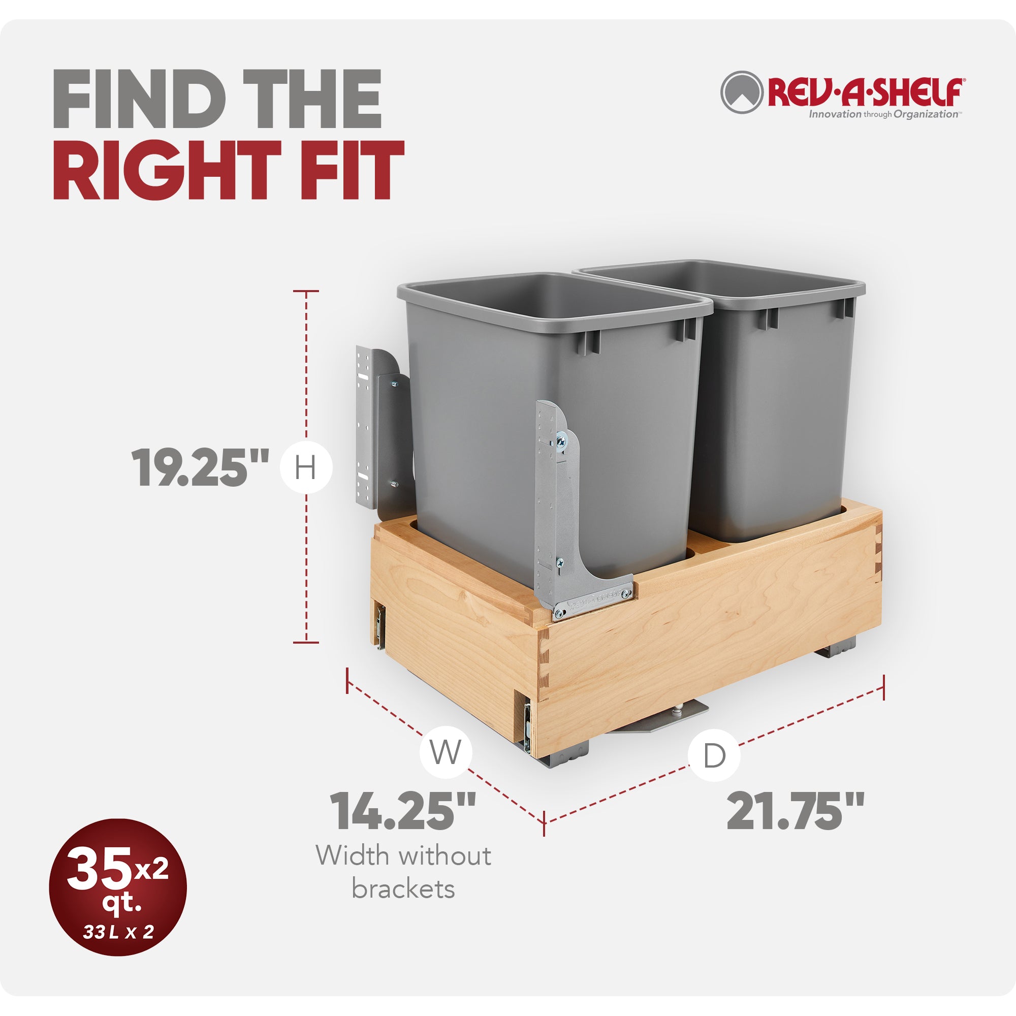 Rev-A-Shelf Double Pullout Bottom Mount Trash Cans 35 qt., Gray, 4WCBM-18DM-2