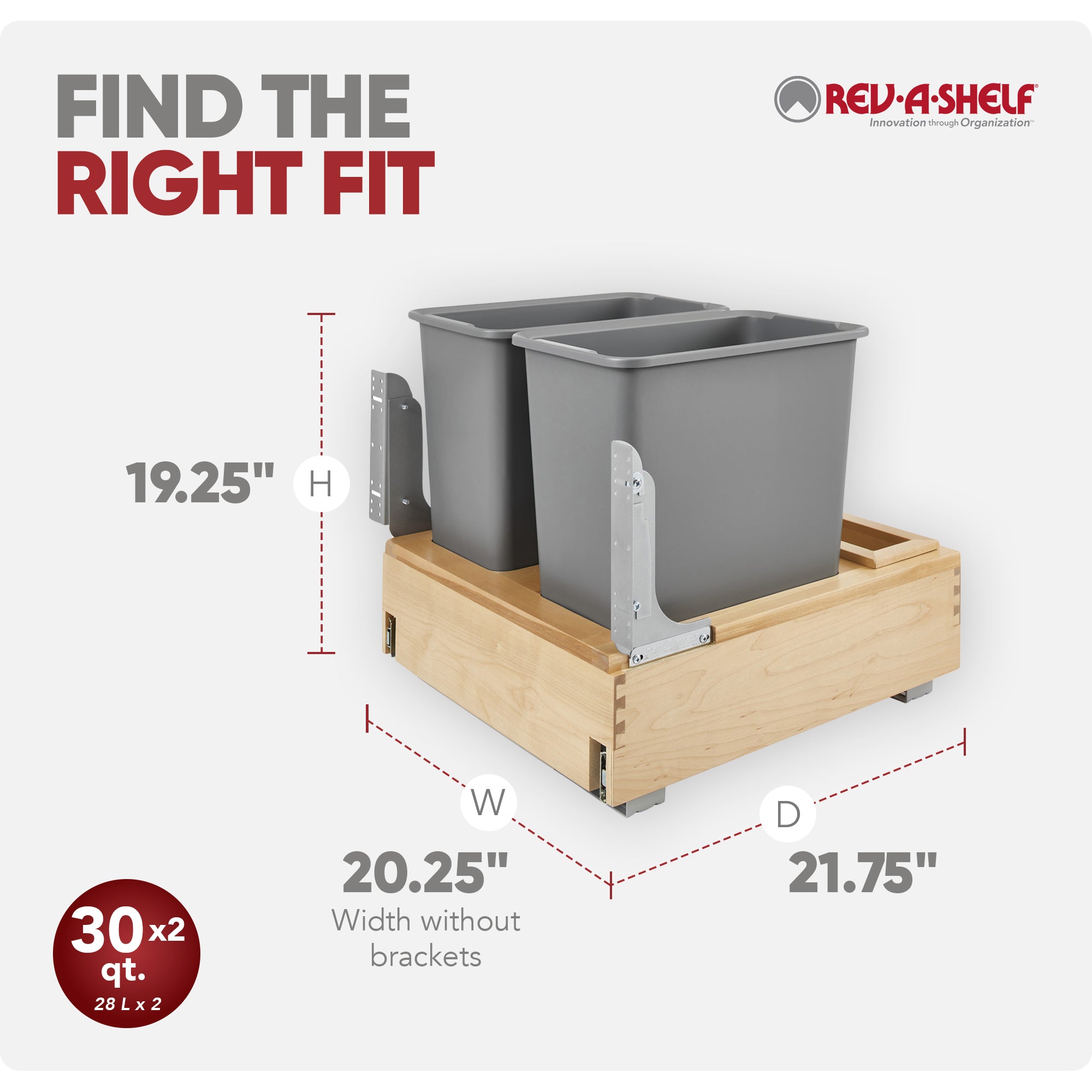 Rev-A-Shelf Double Pullout Bottom Mount Trash Cans 30 qt., Gray, 4WCBM-2430DM-2
