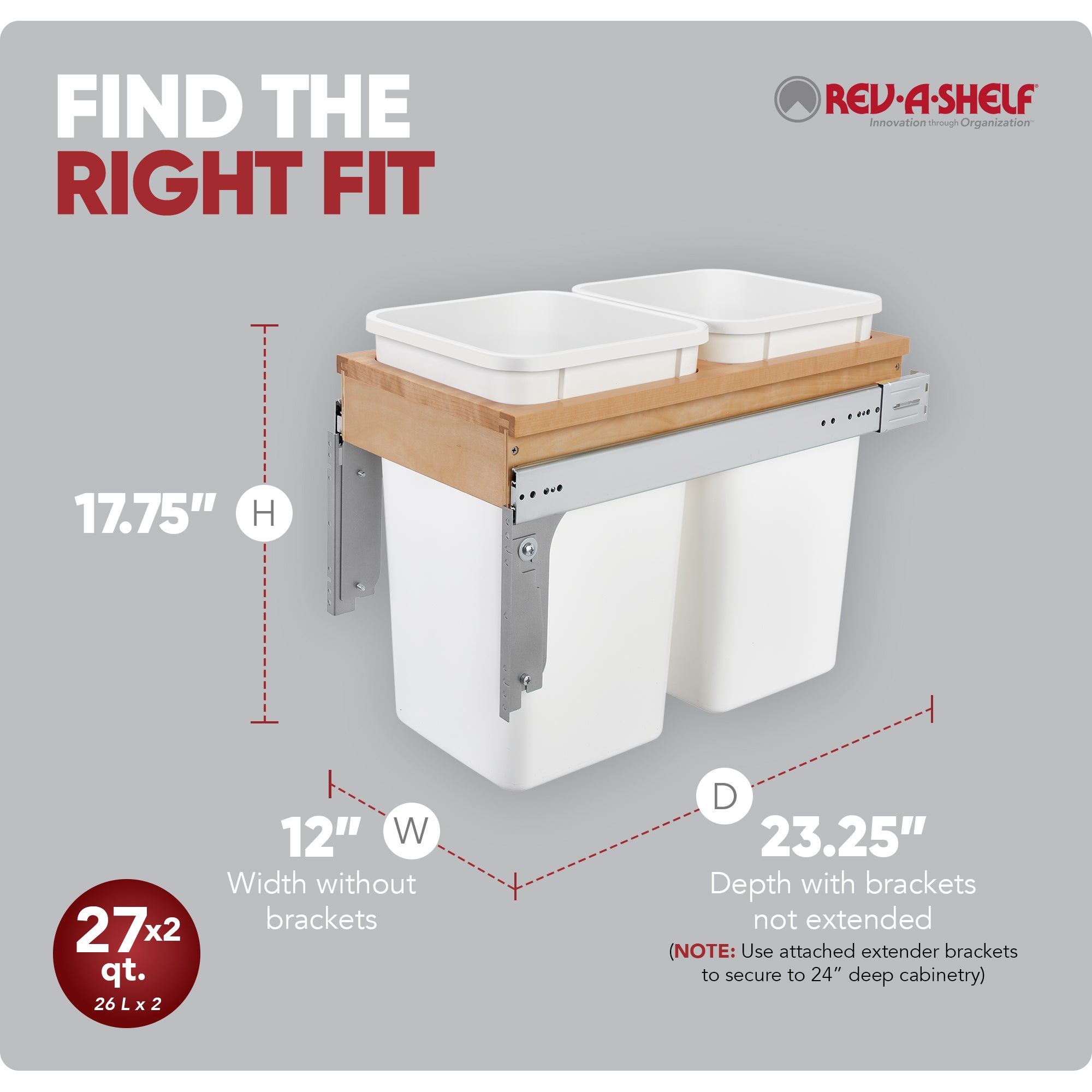 Rev-A-Shelf Double Pullout Top Mount Trash Can 27 qt., White, 4WCTM-15DM2 - VMInnovations