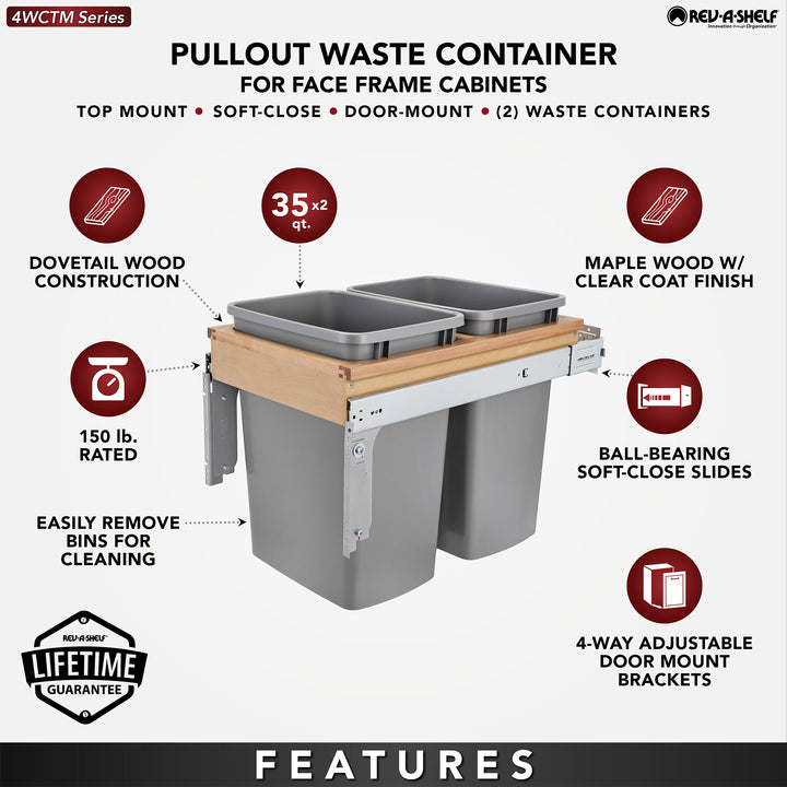 Rev-A-Shelf Pullout Top Mount Trash Can w/ Soft-close, 35 qt., 4WCTM-18BBSCDM2 - VMInnovations