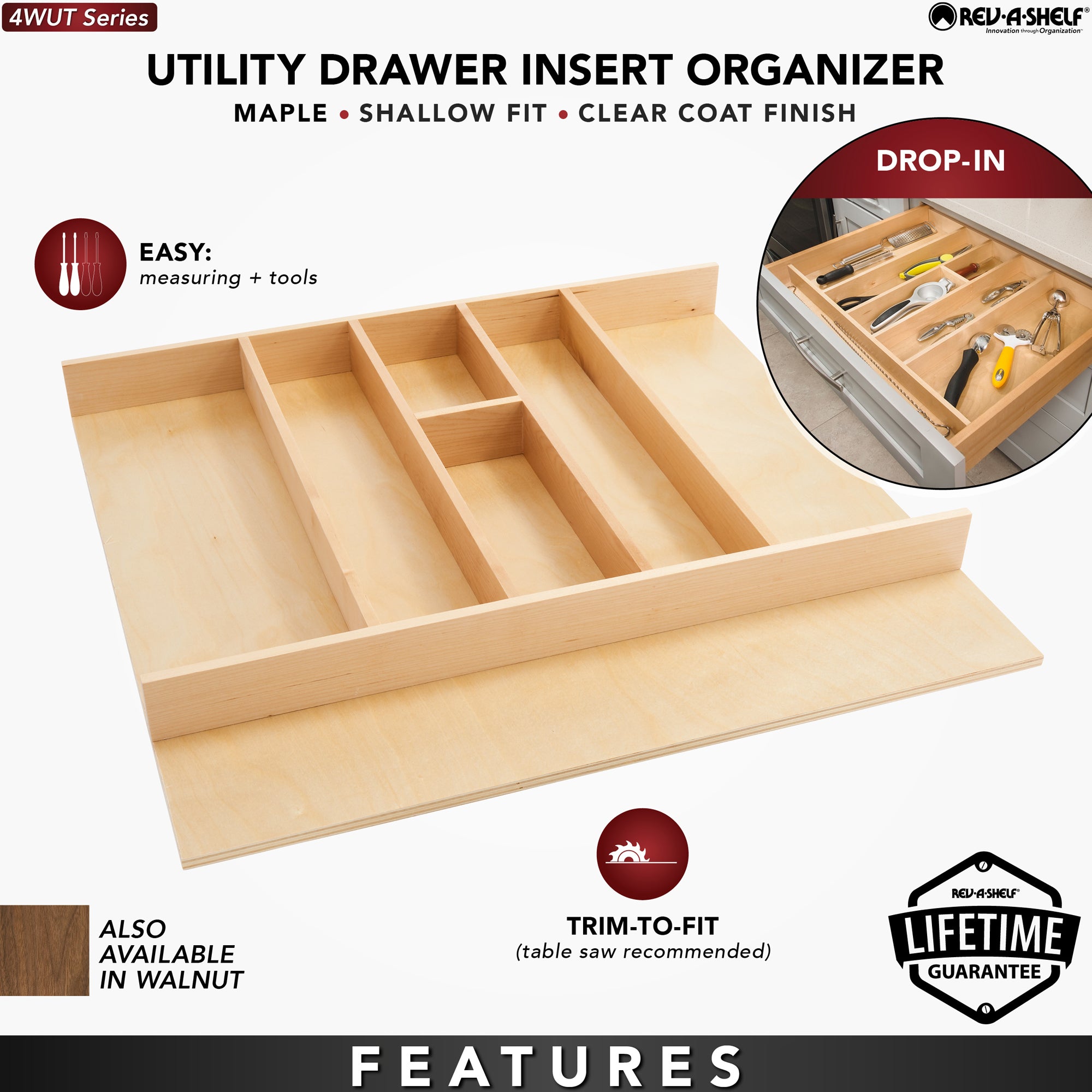 Rev-A-Shelf Trim-to-Fit Shallow Drawer Organizer, 23.98 x 21.97 In, 4WUT-3SH - VMInnovations