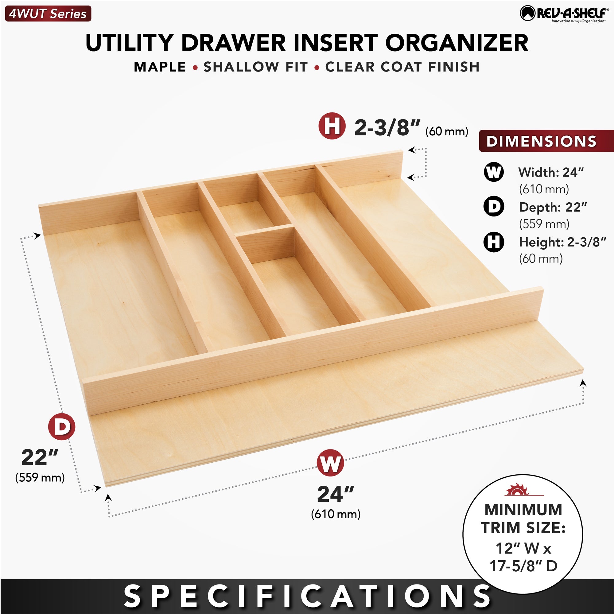 Rev-A-Shelf Trim-to-Fit Shallow Drawer Organizer, 23.98 x 21.97 In, 4WUT-3SH - VMInnovations