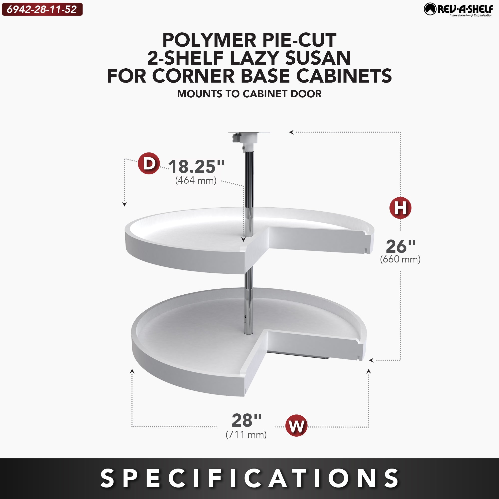 Rev-A-Shelf 28'' Lazy Susan Pie-Cut Polymer 2-Shelf, White, 6942-28-11-52