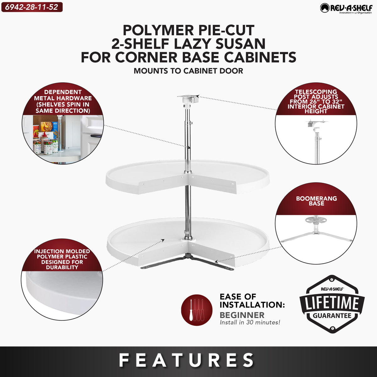Rev-A-Shelf 6942-28-11-52 28 Inch Pie Cut 2-Shelf Lazy Susan, White (Open Box)
