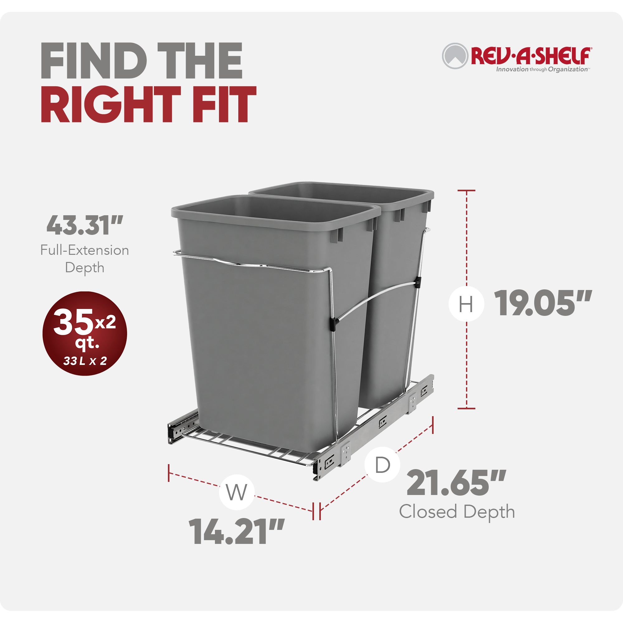 Rev-A-Shelf Double Pullout Trash Can 35 qt. for Kitchen, Silver, RV-18KD-17C S