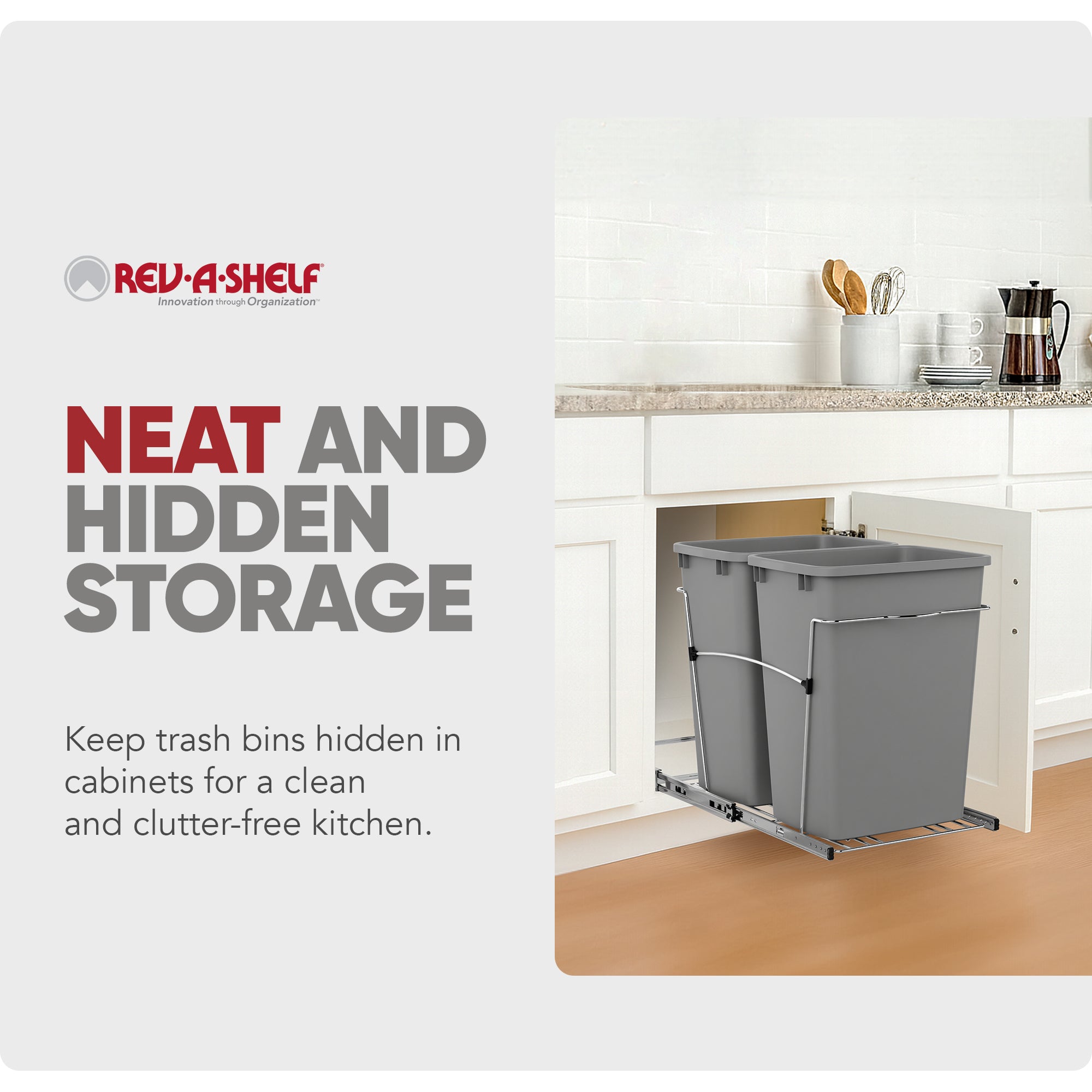 Rev-A-Shelf Double Pullout Trash Can 35 qt. for Kitchen, Silver, RV-18KD-17C S