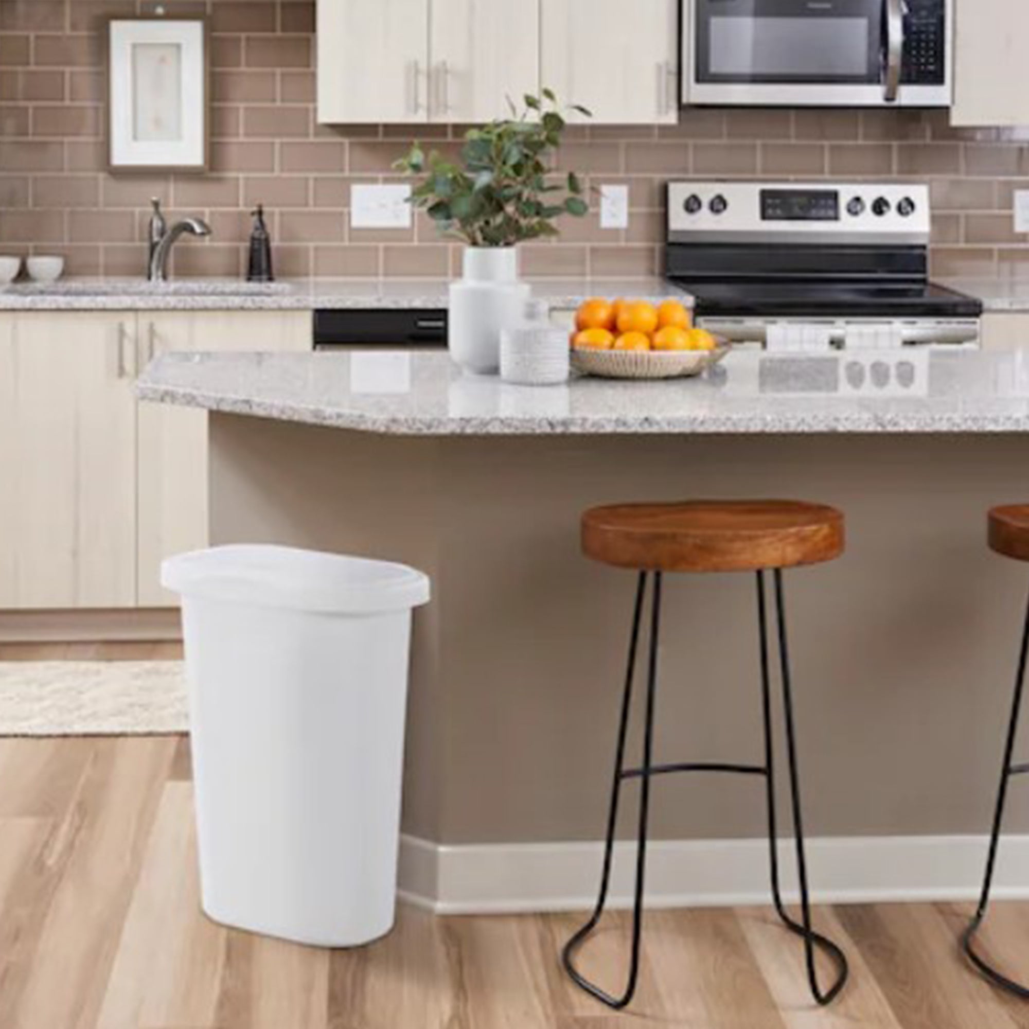 Rubbermaid 13 Gallon Rectangular Spring-Top Lid Wastebasket Trash Can, White - VMInnovations