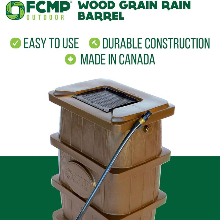 FCMP Outdoor WG4000-GRY Home Outdoor Wood Grain Rain Water Catcher Barrel, Gray - VMInnovations
