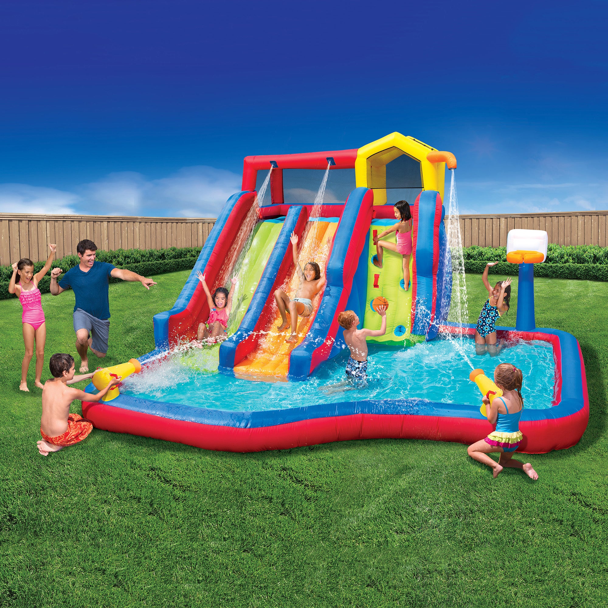 Banzai Twin Falls Kids Giant Outdoor Inflatable Dual Water Slide Splash Park Toy - VMInnovations