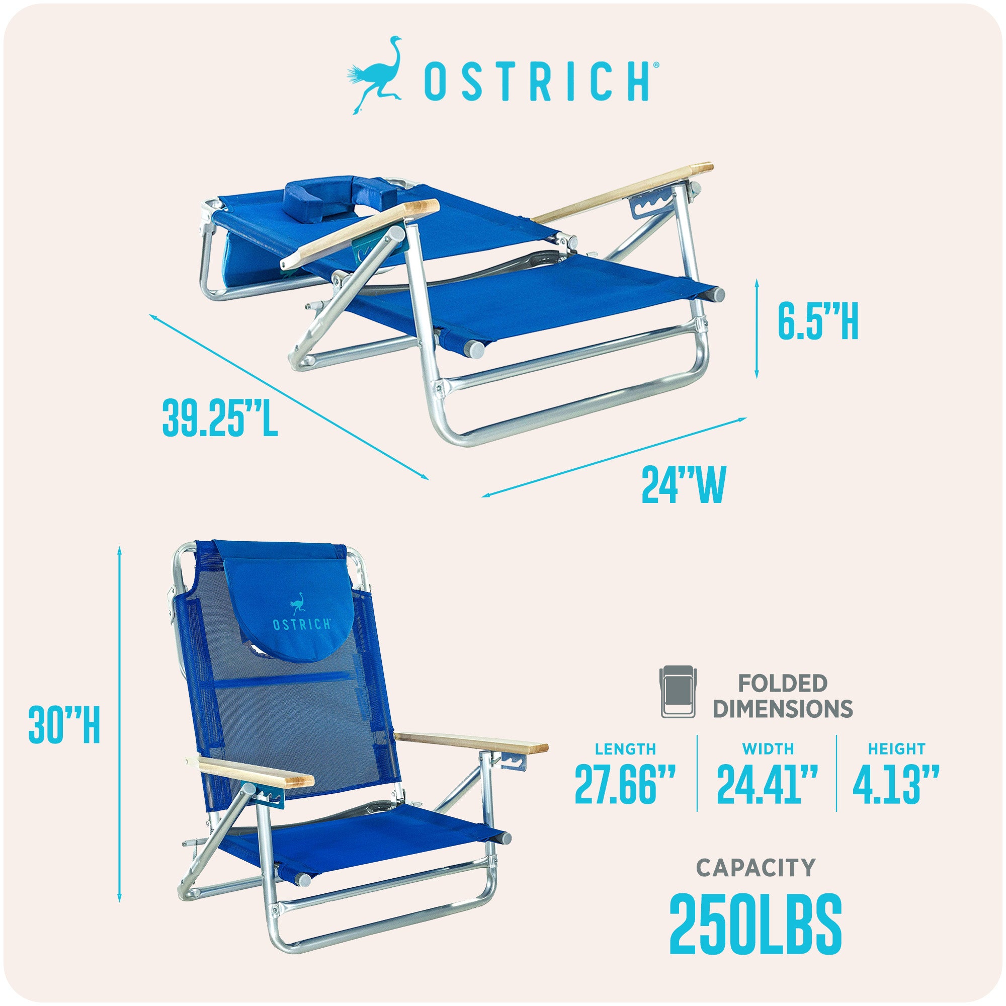 Ostrich South Adult Beach Outdoor Lake Sand Lounging Chair, Blue (Used) - VMInnovations