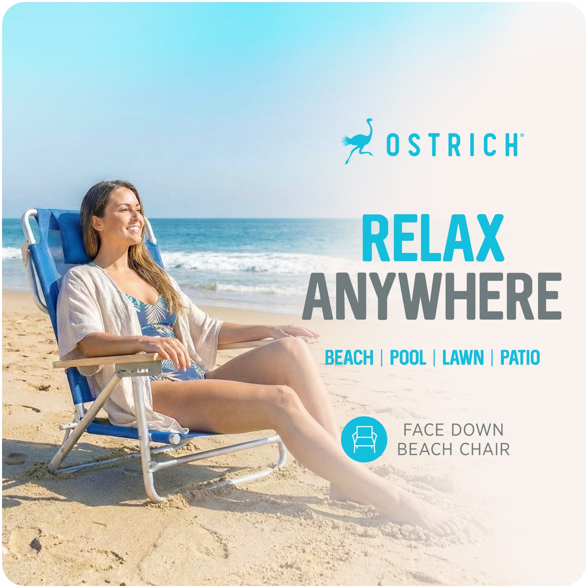 Ostrich South Beach Sand Chair, Outdoor Camping Pool Recliner, Blue (Open Box)