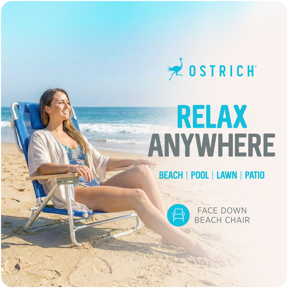 Ostrich South Beach Sand Chair, Outdoor Camping Pool Recliner, Blue (Open Box)