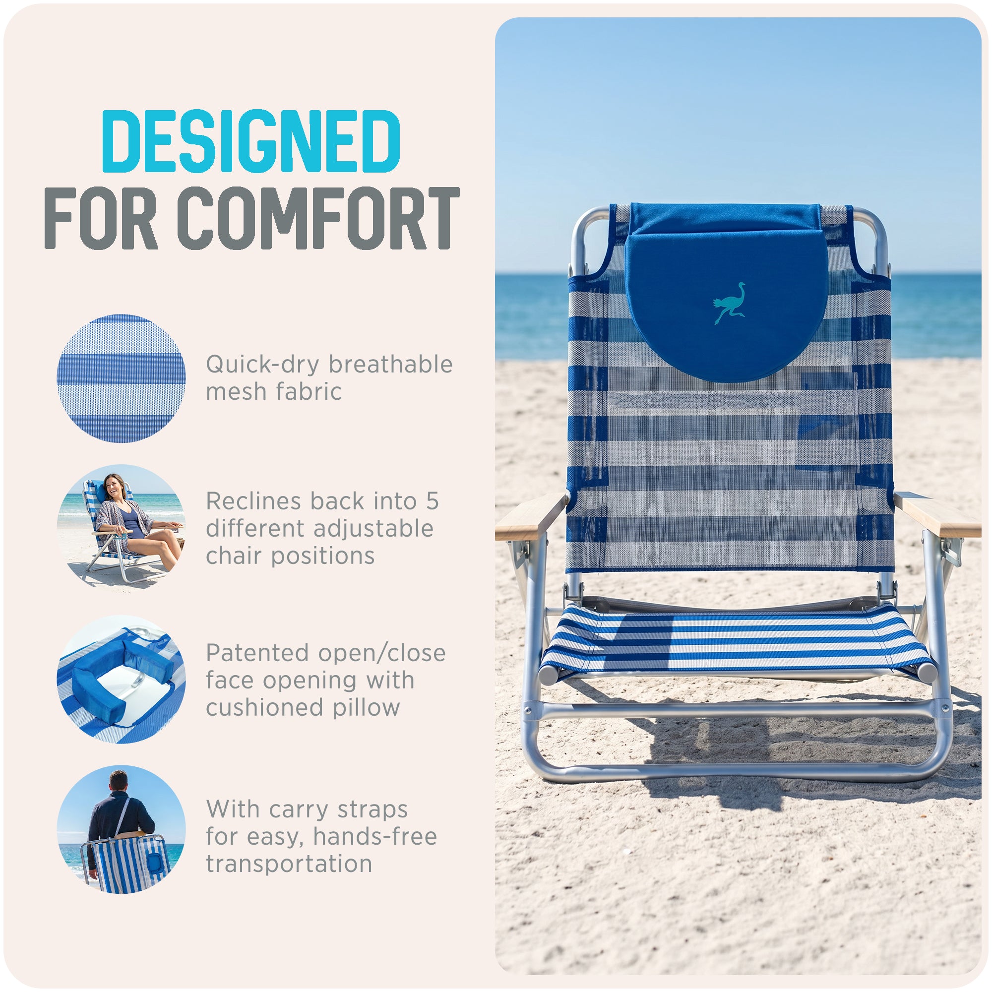 Ostrich South Beach Chair Portable Outdoor Camping Pool Tanning Recliner, Stripe - VMInnovations