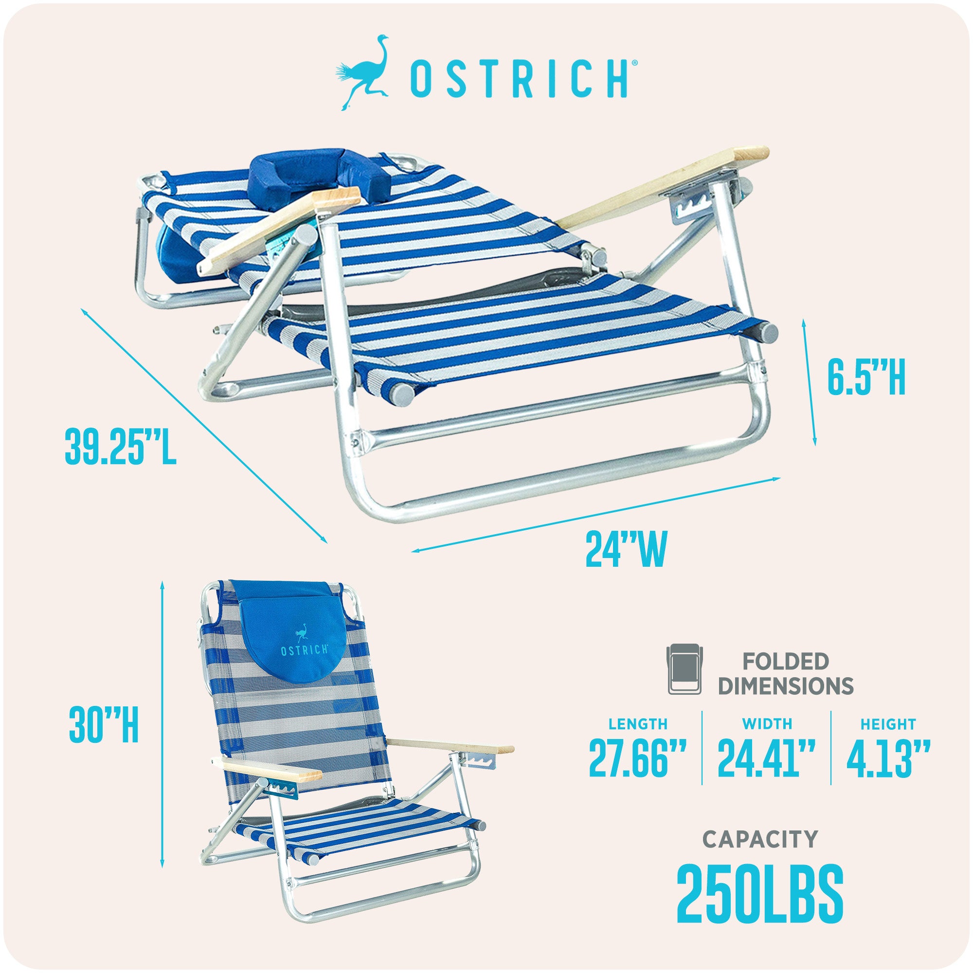 Ostrich South Beach Chair Portable Outdoor Camping Pool Tanning Recliner, Stripe - VMInnovations