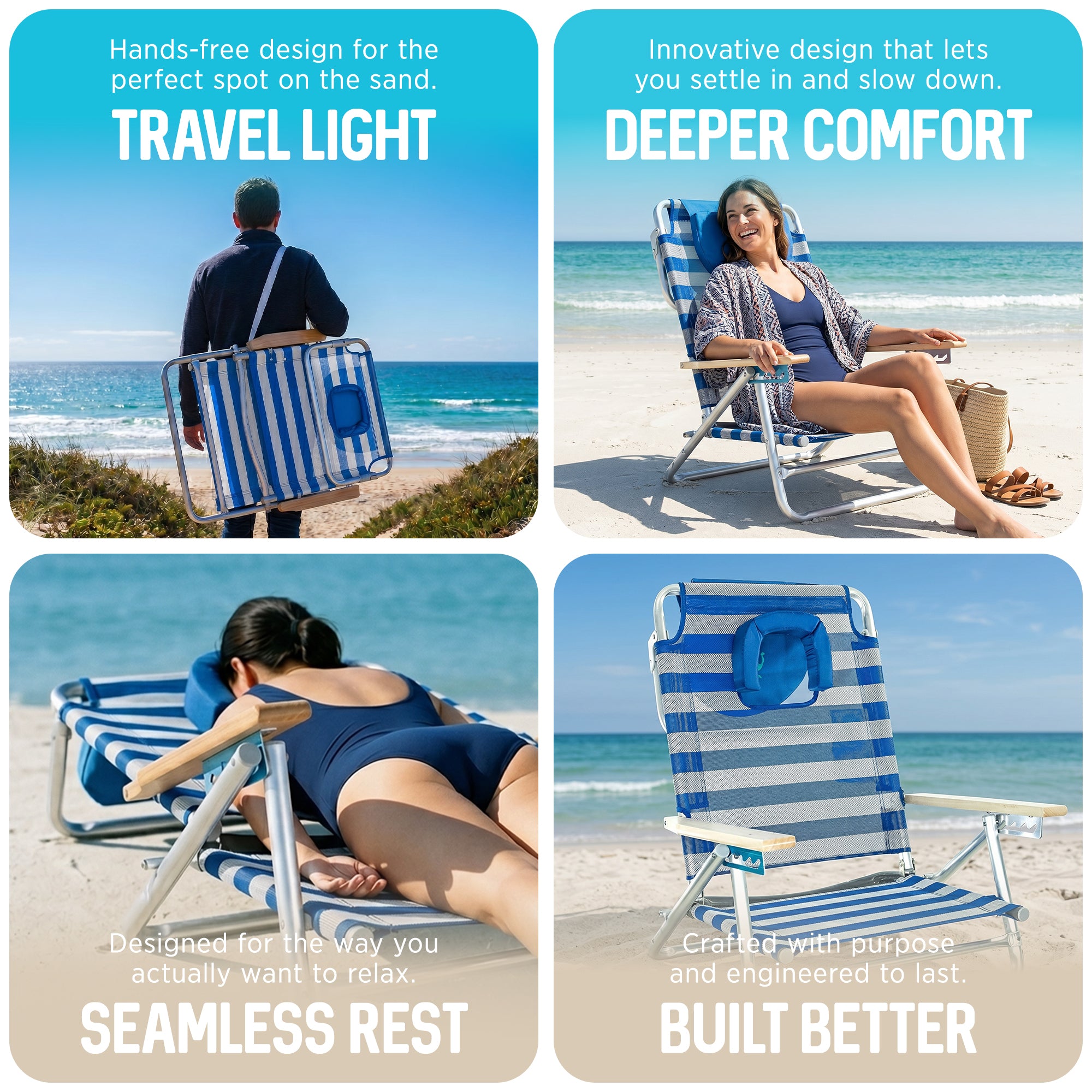 Ostrich South Beach Chair Portable Outdoor Camping Pool Tanning Recliner, Stripe - VMInnovations