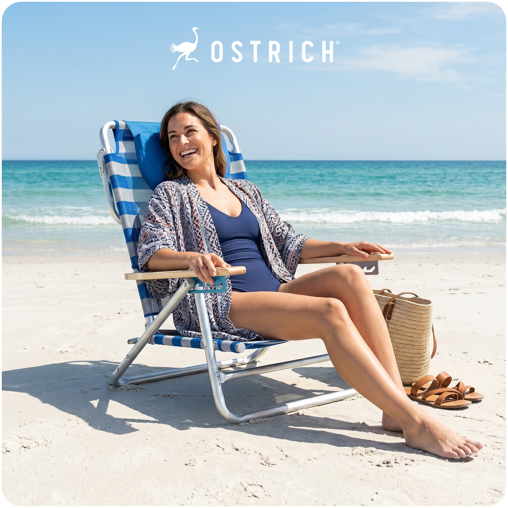 Ostrich South Beach Chair Portable Outdoor Camping Pool Tanning Recliner, Stripe - VMInnovations