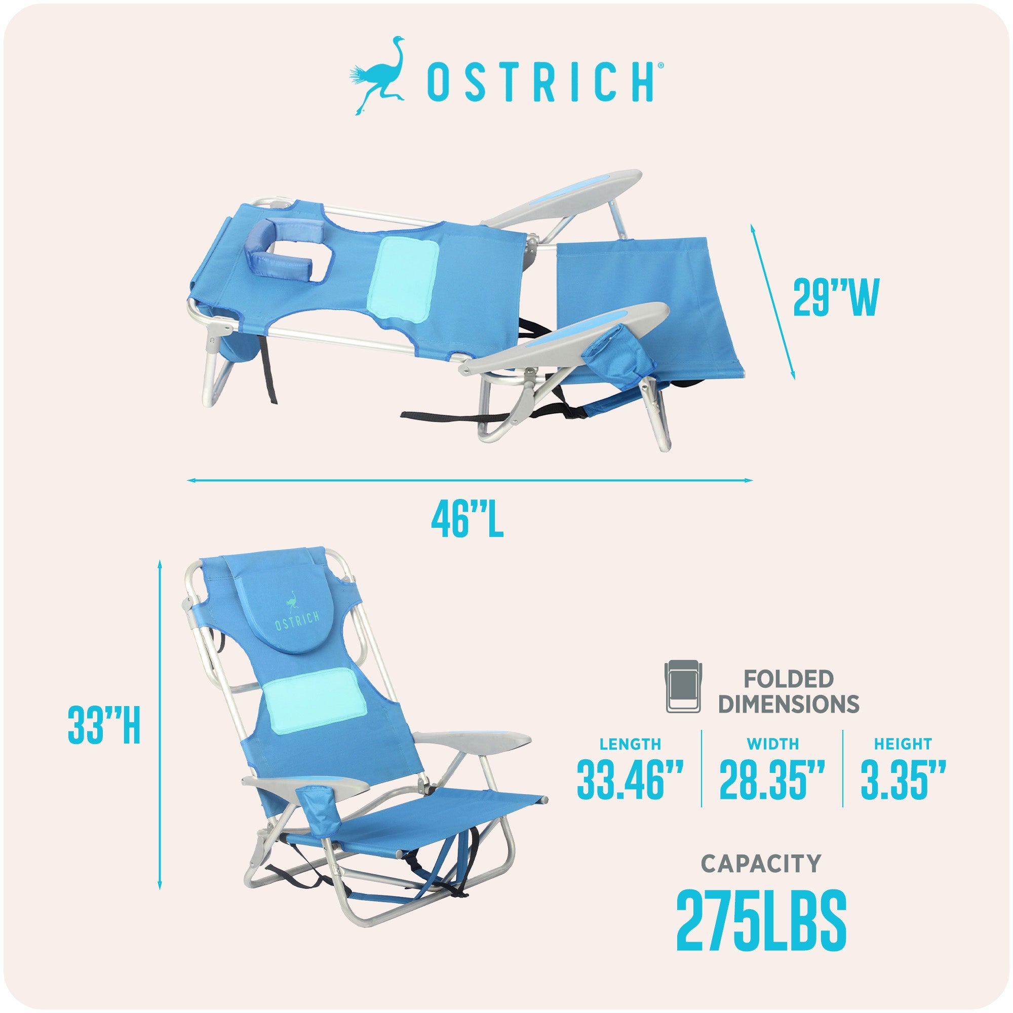 Ostrich Ladies Comfort & On-Your-Back Outdoor Beach Pool Chair, Blue (Open Box)