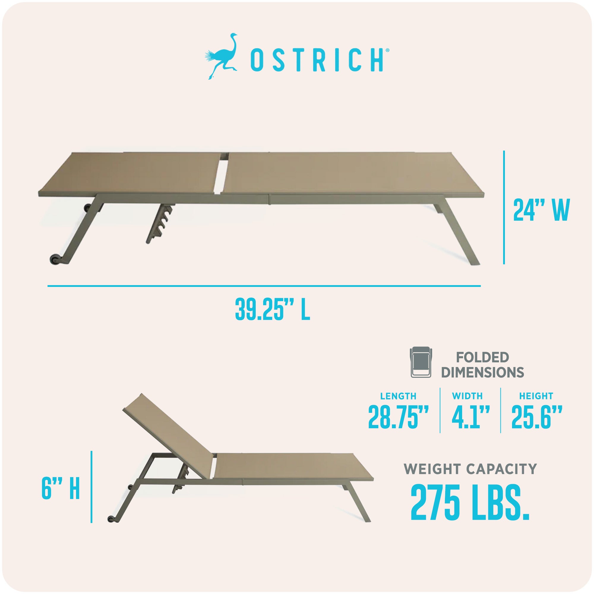 Ostrich Princeton Outdoor Chaise Lounge Pool Beach Patio Chair, Tan, 2 Pack - VMInnovations
