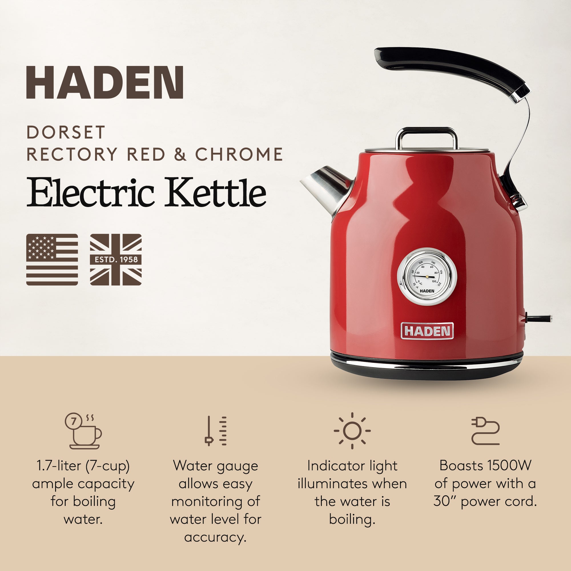 Haden Dorset 1.7 Liter Stainless Steel Electric Kettle, Red (Open Box)