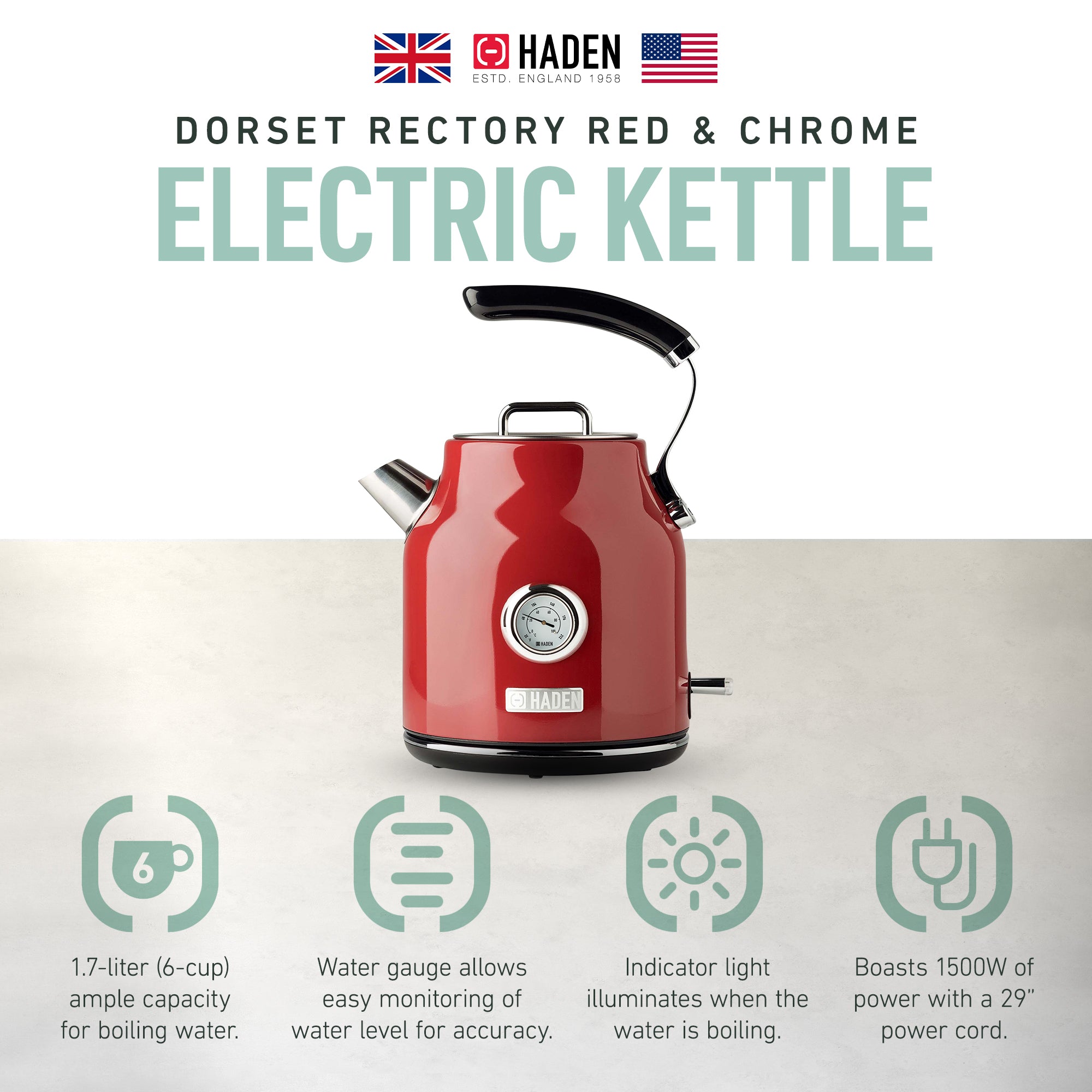 Haden Dorset 1.7L Stainless Steel Electric Kettle with Auto Shut Off, Red (Used)