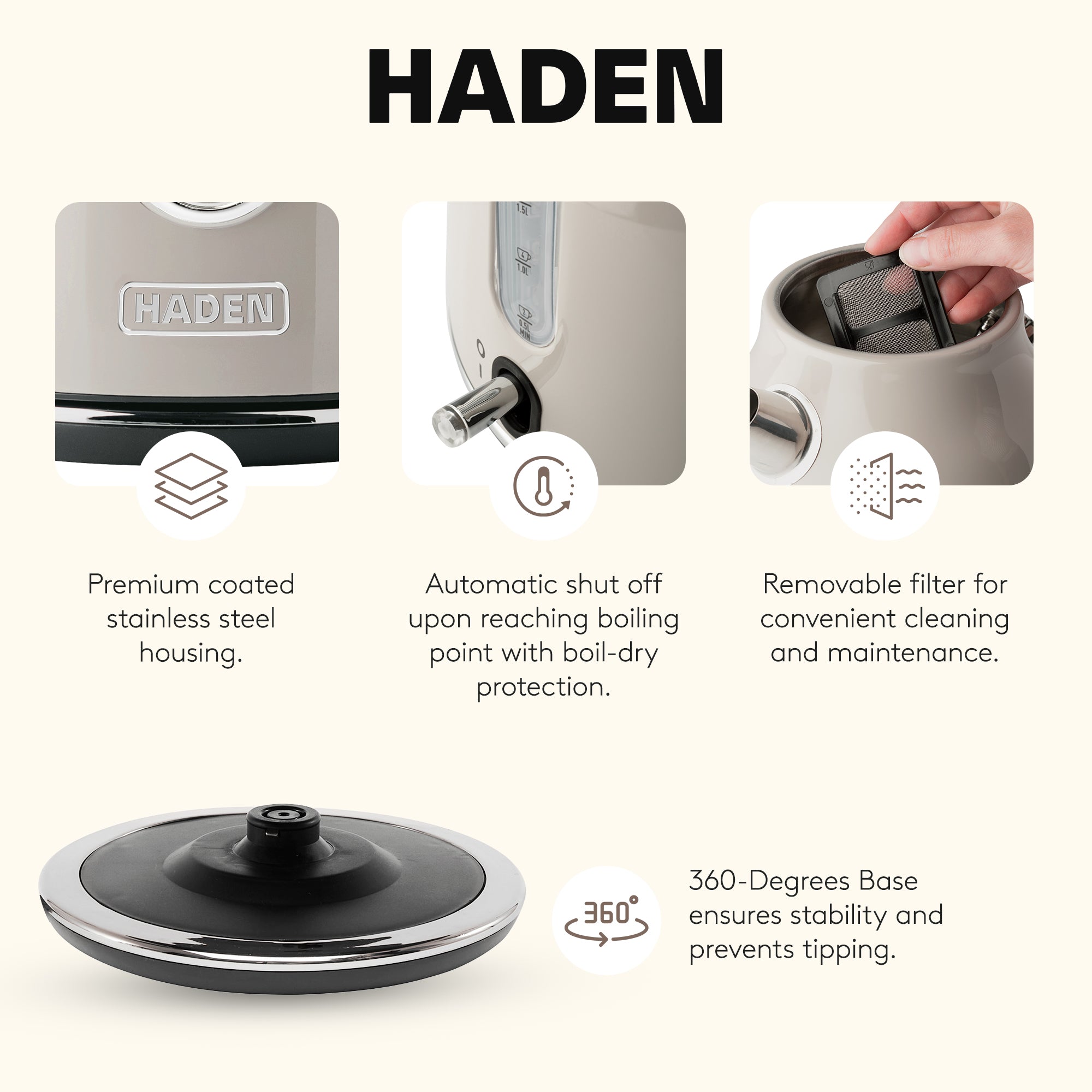 Haden Dorset 1.7 Liter Stainless Steel Electric Kettle, Beige (Open Box)