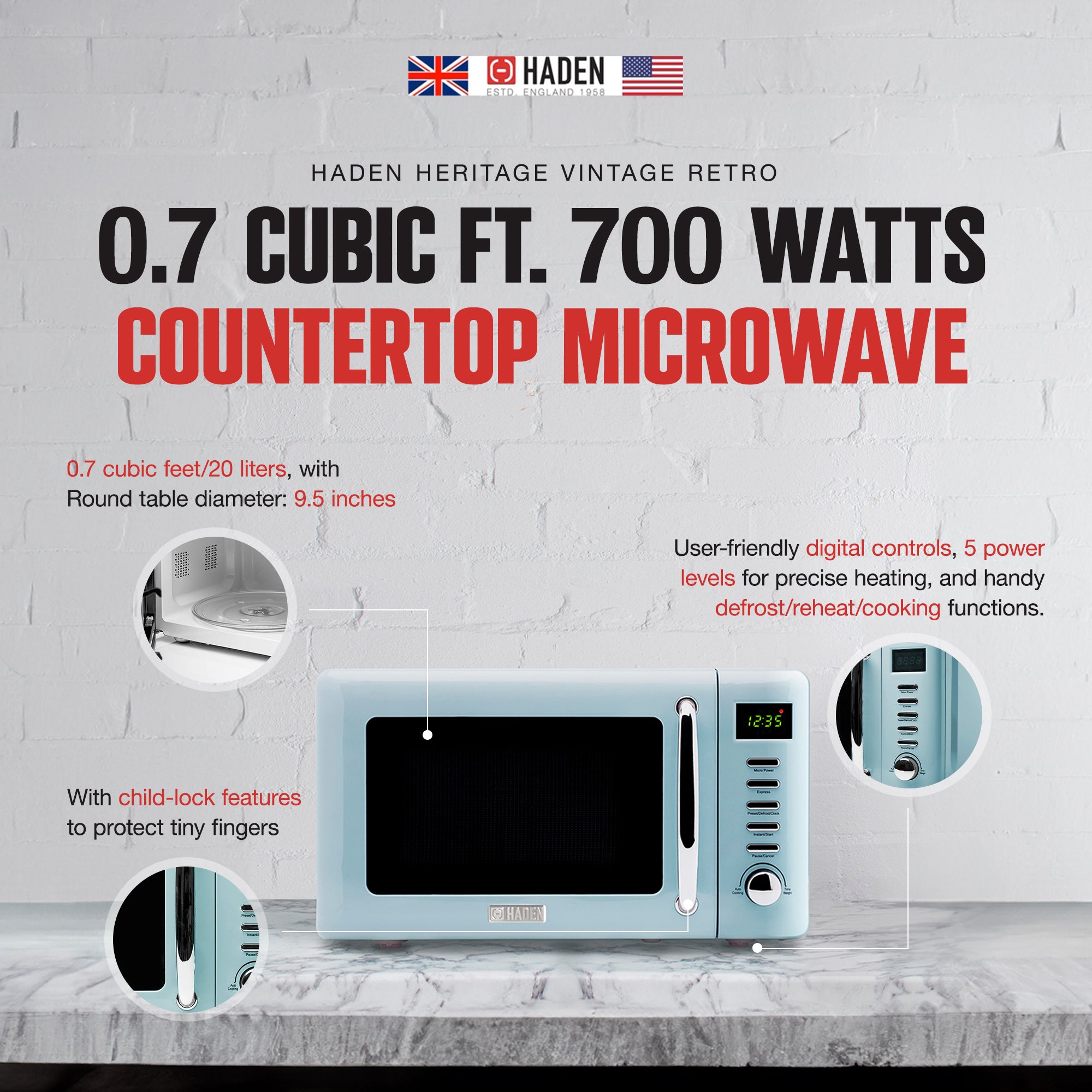 Haden Cotswold Vintage Retro 0.7 Cu Ft 700W Microwave Oven, Blue (Used)