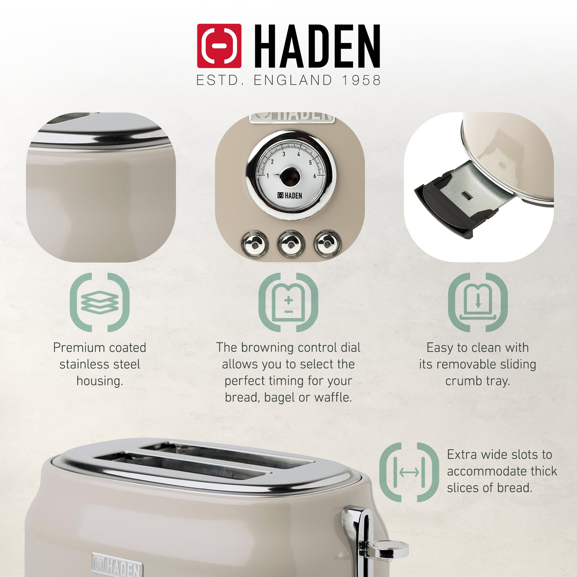 Haden Dorset Wide Slot Stainless Steel Retro 2-Slice Toaster, Putty Beige (Used) - VMInnovations